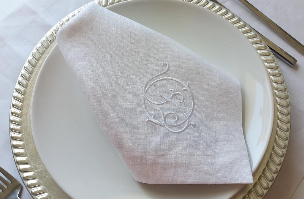 Linen Wedding Napkin Interlock Monogrammed, Double Letter Monogrammed Linen Napkin, Custom Logo Patterned Hemstitched Linen Napkin