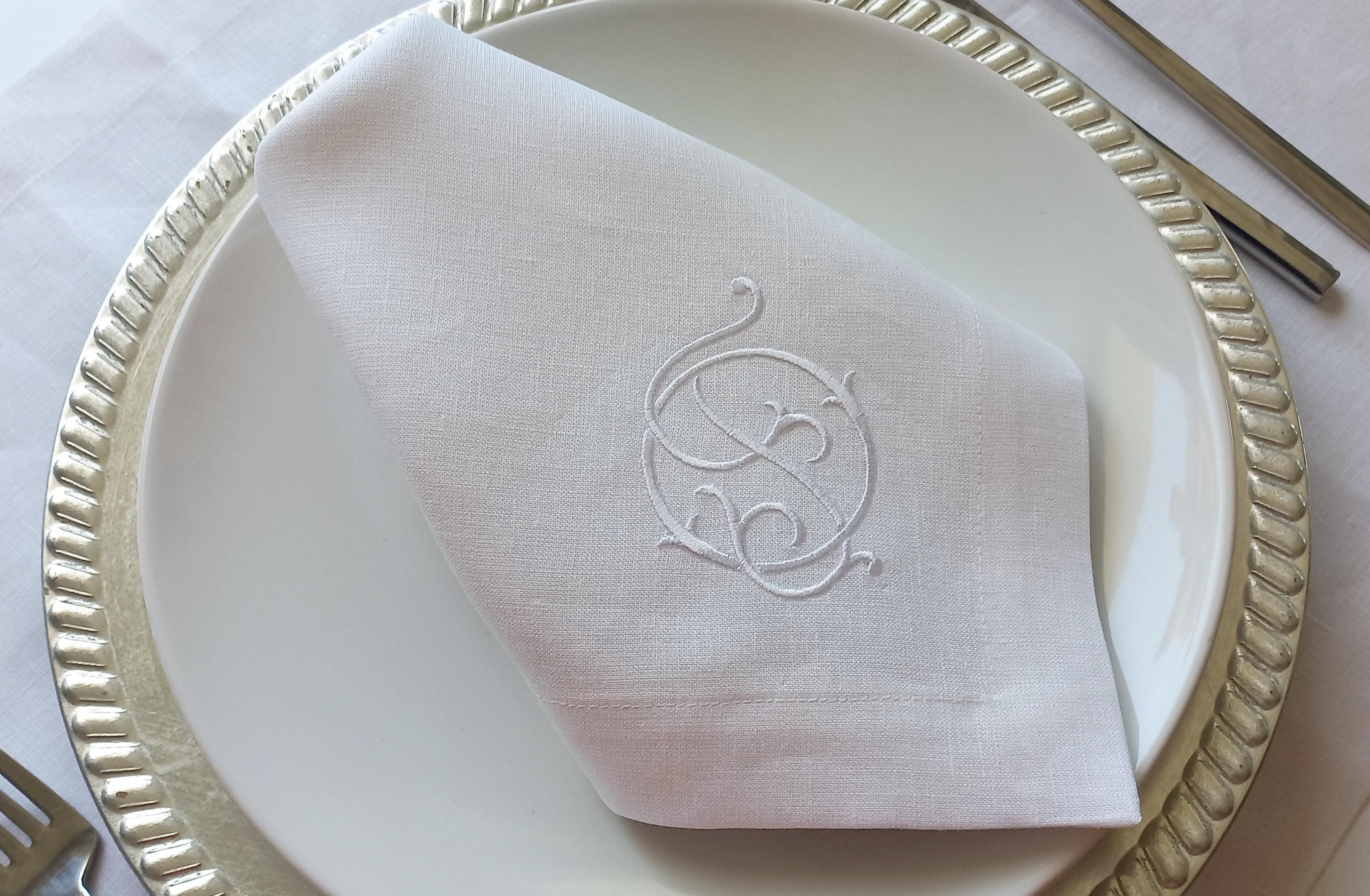 Linen Wedding Napkin Interlock Monogrammed, Double Letter Monogrammed Linen Napkin, Custom Logo Patterned Hemstitched Linen Napkin
