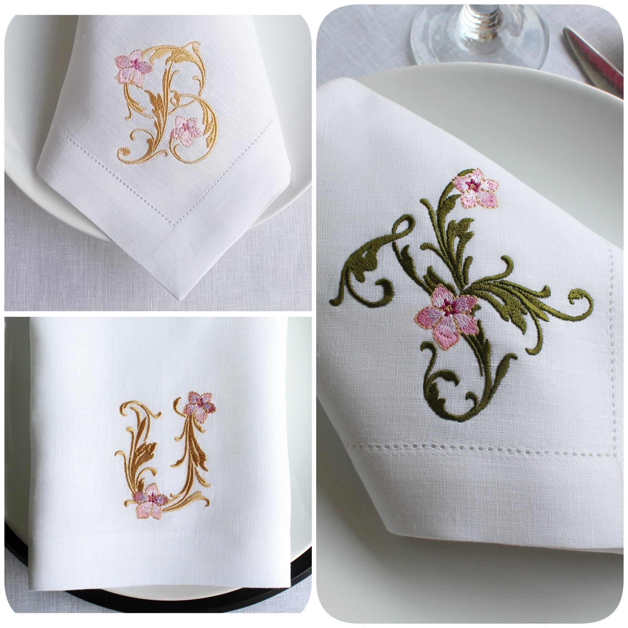 Gold Monogrammed Wedding Napkin, Embroidered Linen Napkin, Custom Linen Napkin, Hemstitched Linen Napkin, Linen Napkin for Housewarming Gift
