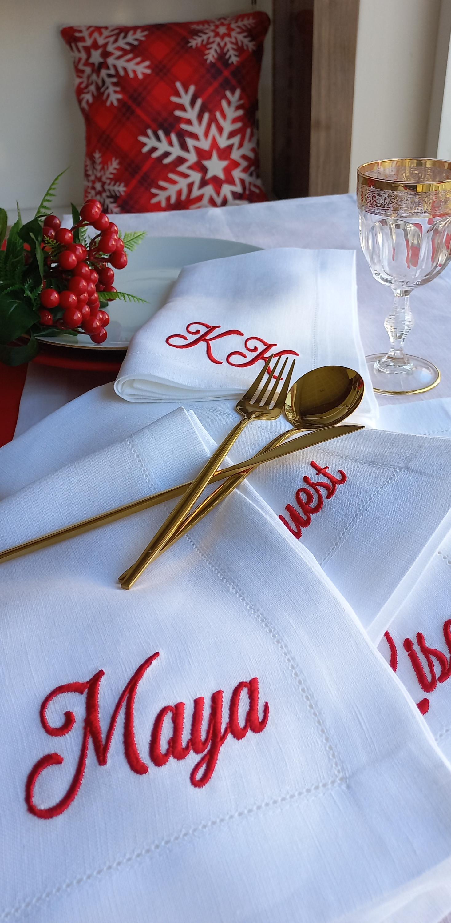 Family Name Embroidered Linen Napkin, Thanksgiving dinner napkin with embroidered family name, Wedding Linen Napkin, Linen Custom Napkin