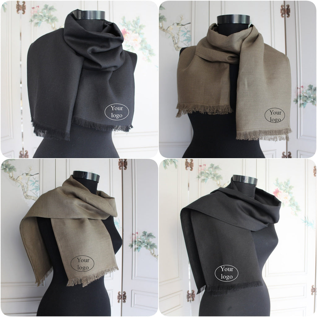 Embroidered Linen Scarf, Logo Embroidered Linen Scarf, Custom Luxury Linen Scarf,