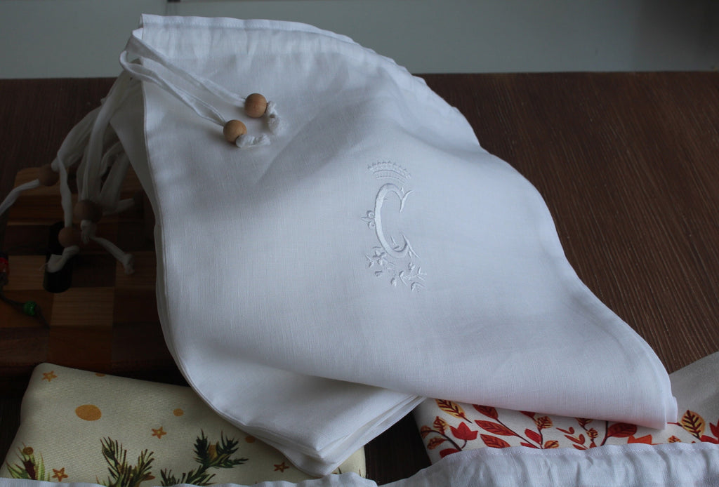 Embroidered Linen Pouch, Personal Logo Embroidered Linen Pouch, Custom Linen Pouch for Bread