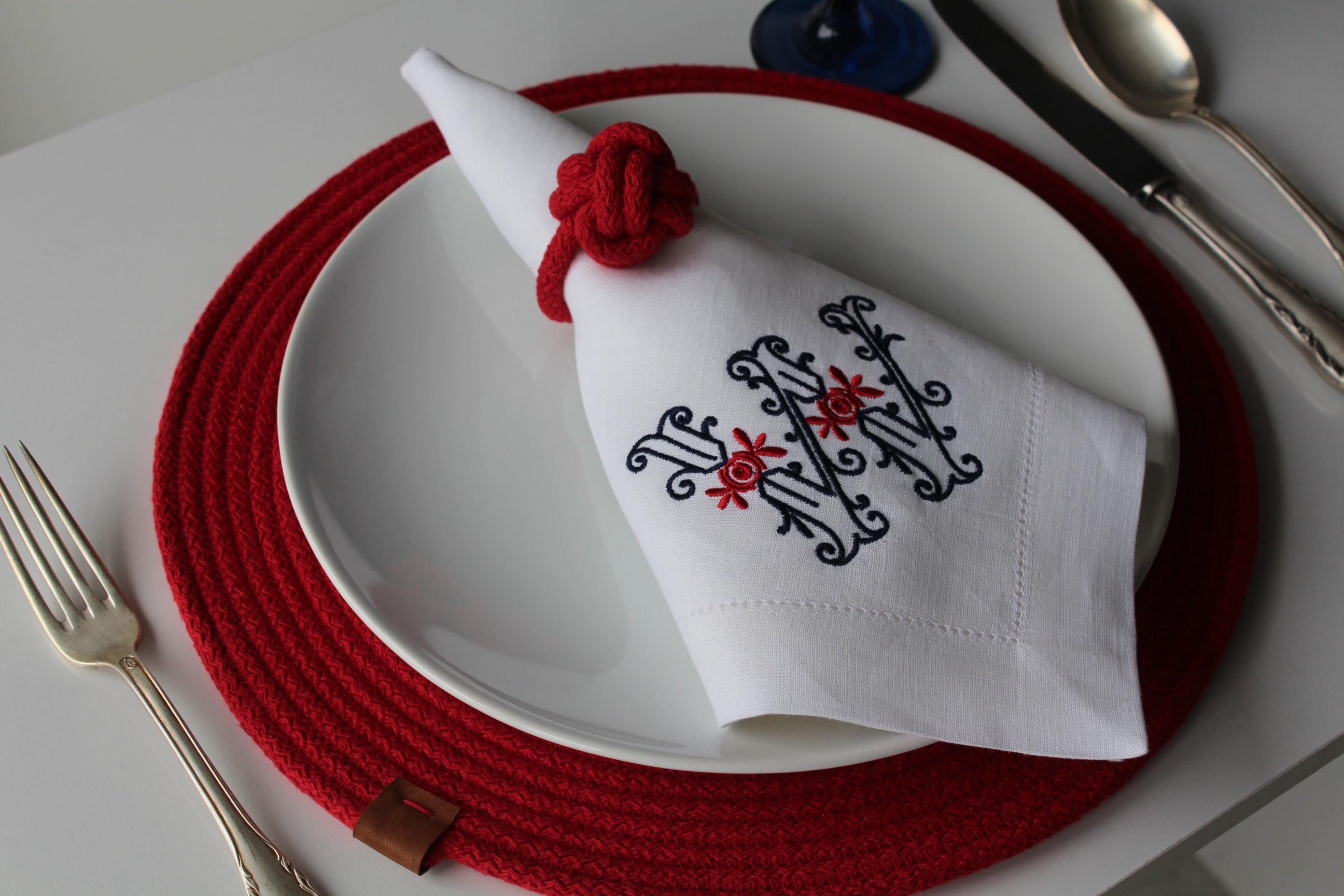 Embroidered Linen Napkin for Yatch, Marina Trend Logo Embroidered Linen Napkin, Personalized Linen Napkin, Red Navy Hemstitched Linen Napkin