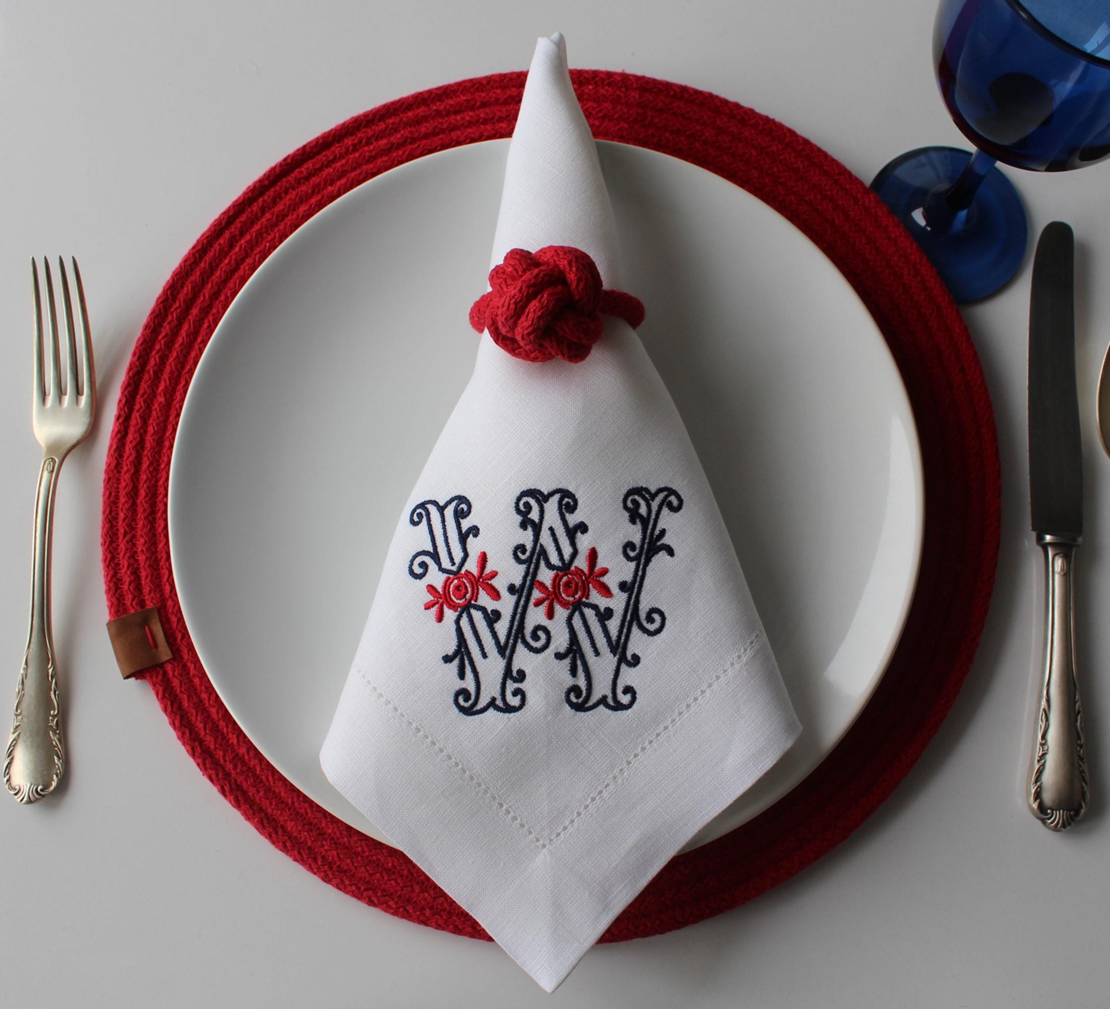 Embroidered Linen Napkin for Yatch, Marina Trend Logo Embroidered Linen Napkin, Personalized Linen Napkin, Red Navy Hemstitched Linen Napkin