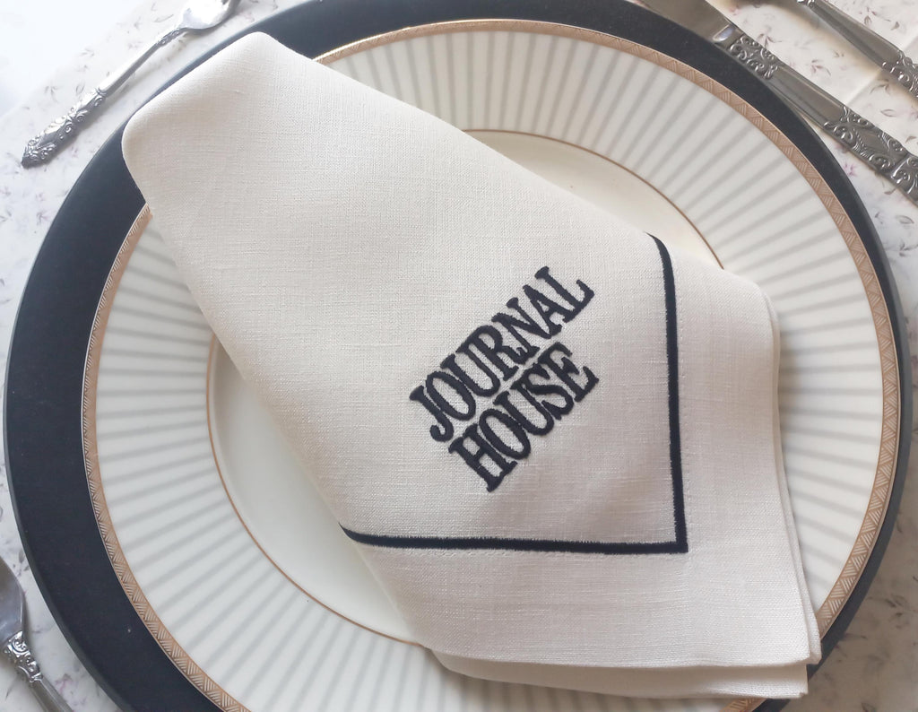 Company Logo Embroidered Luxury Linen Napkin, Custom Logo Embroidered Linen Napkin, Company Emblem Embroidered Napkin for Company Dinner