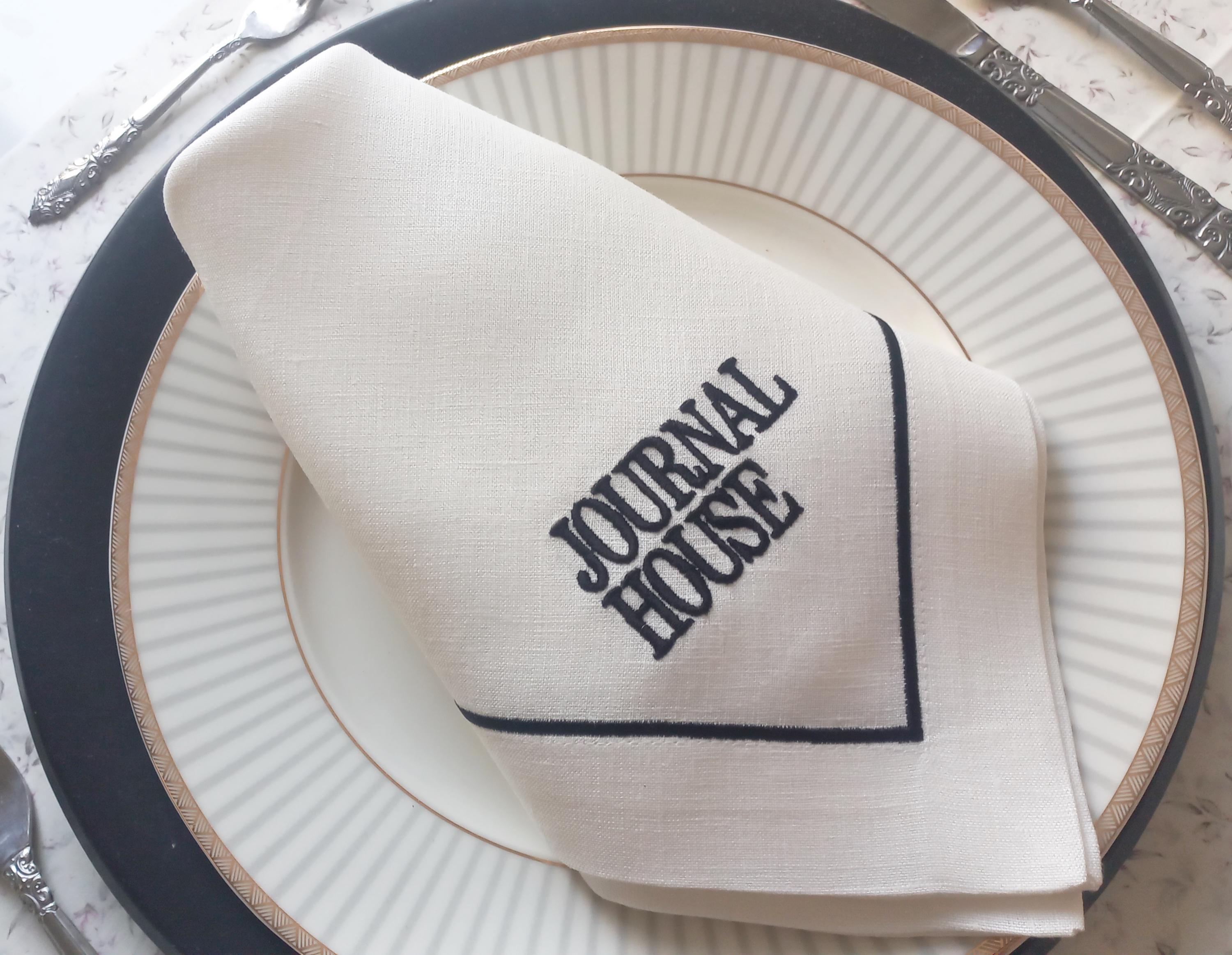 Company Logo Embroidered Luxury Linen Napkin, Custom Logo Embroidered Linen Napkin, Company Emblem Embroidered Napkin for Company Dinner