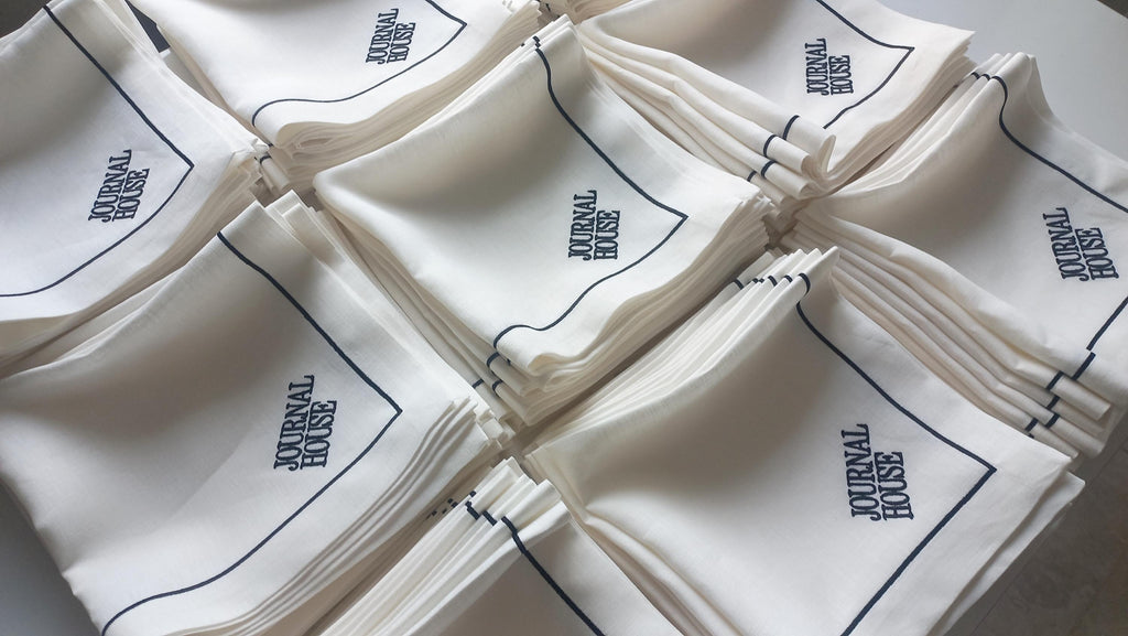 Company Logo Embroidered Luxury Linen Napkin, Custom Logo Embroidered Linen Napkin, Company Emblem Embroidered Napkin for Company Dinner