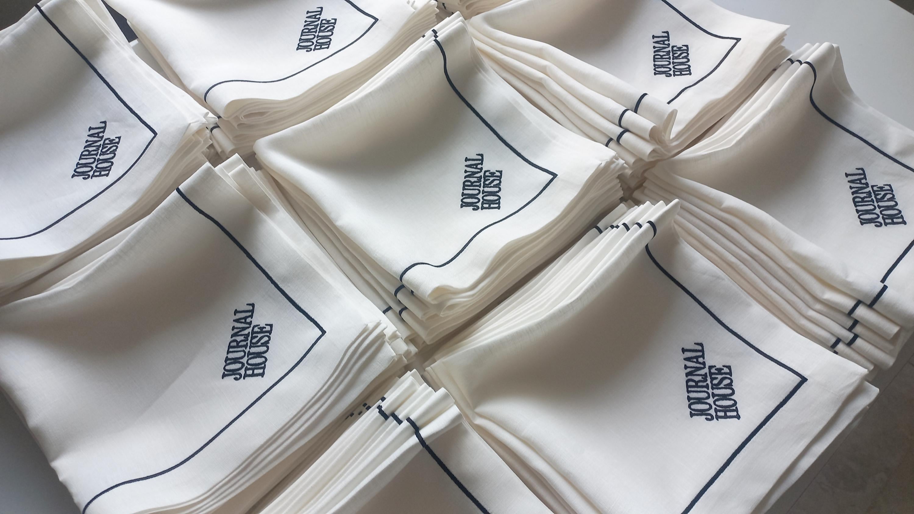 Company Logo Embroidered Luxury Linen Napkin, Custom Logo Embroidered Linen Napkin, Company Emblem Embroidered Napkin for Company Dinner