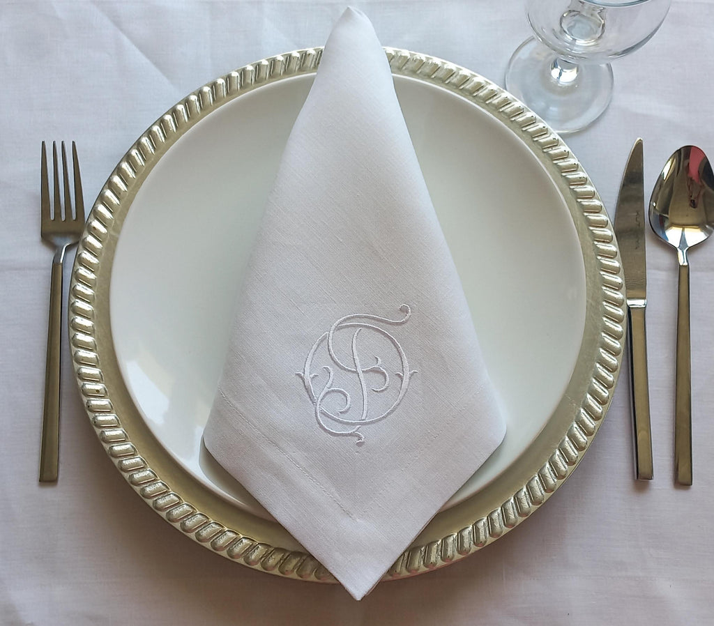 Linen Wedding Napkin Interlock Monogrammed, Double Letter Monogrammed Linen Napkin, Custom Logo Patterned Hemstitched Linen Napkin