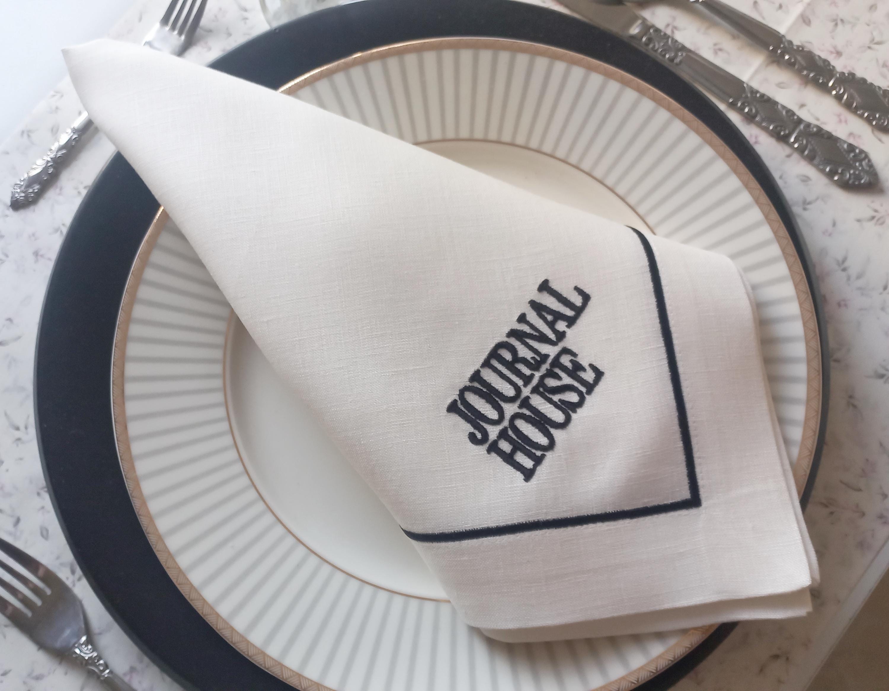 Company Logo Embroidered Luxury Linen Napkin, Custom Logo Embroidered Linen Napkin, Company Emblem Embroidered Napkin for Company Dinner