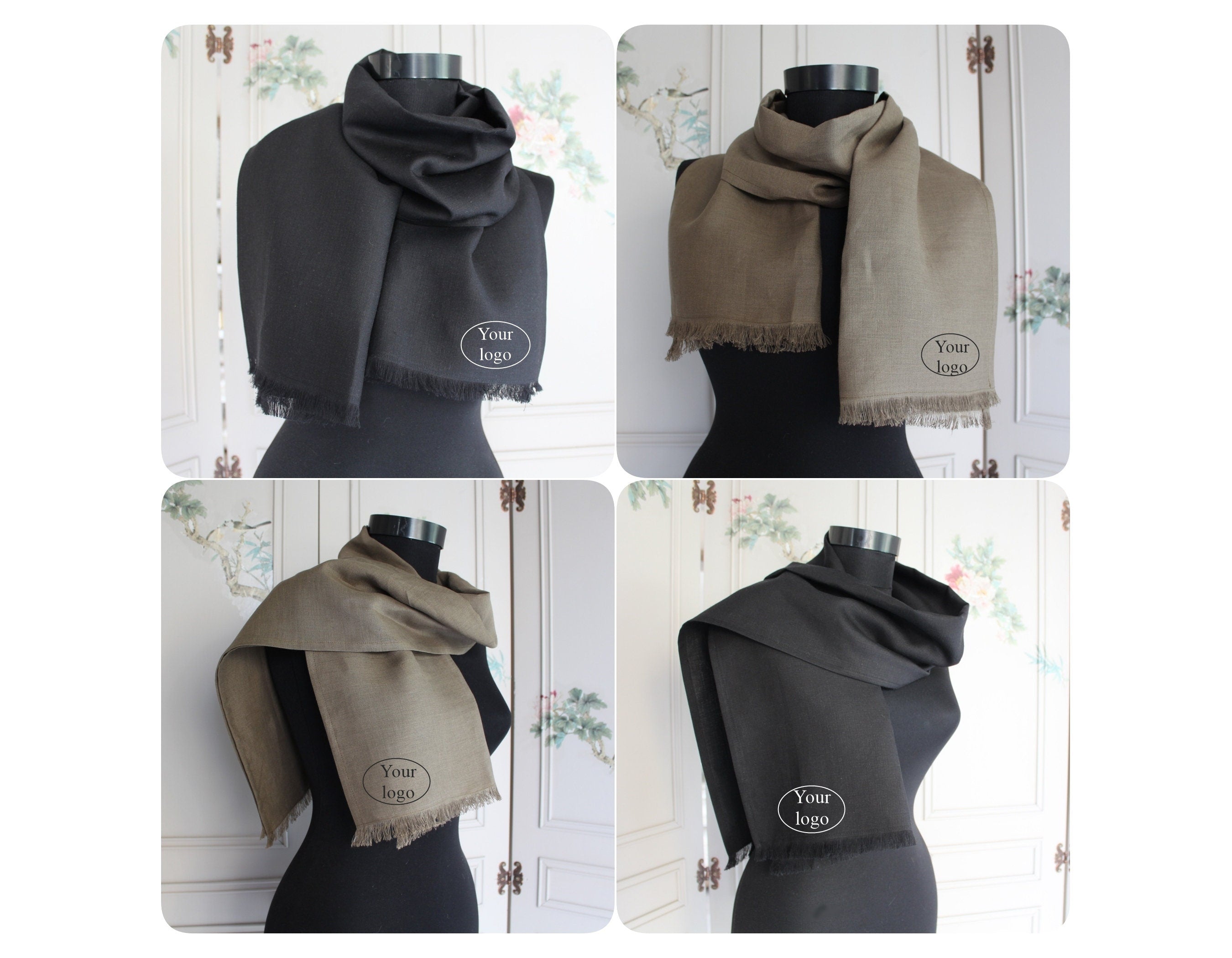 Embroidered Linen Scarf, Logo Embroidered Linen Scarf, Custom Luxury Linen Scarf,