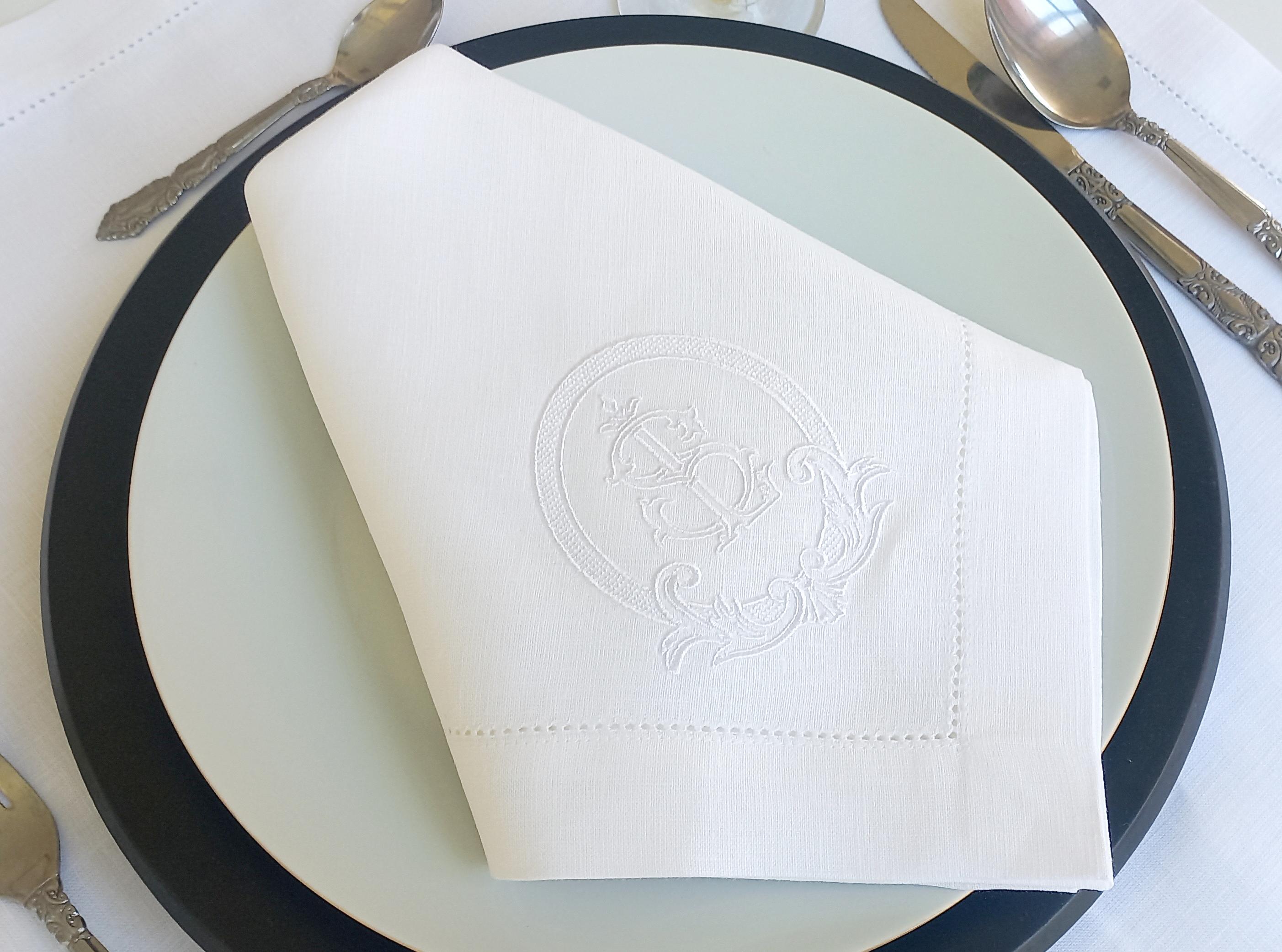 Vintage Wedding Monogrammed Linen Napkin, Double Letter Monogrammed Linen Napkin, Interlocked Logo Patterned Hemstitched Linen Napkin