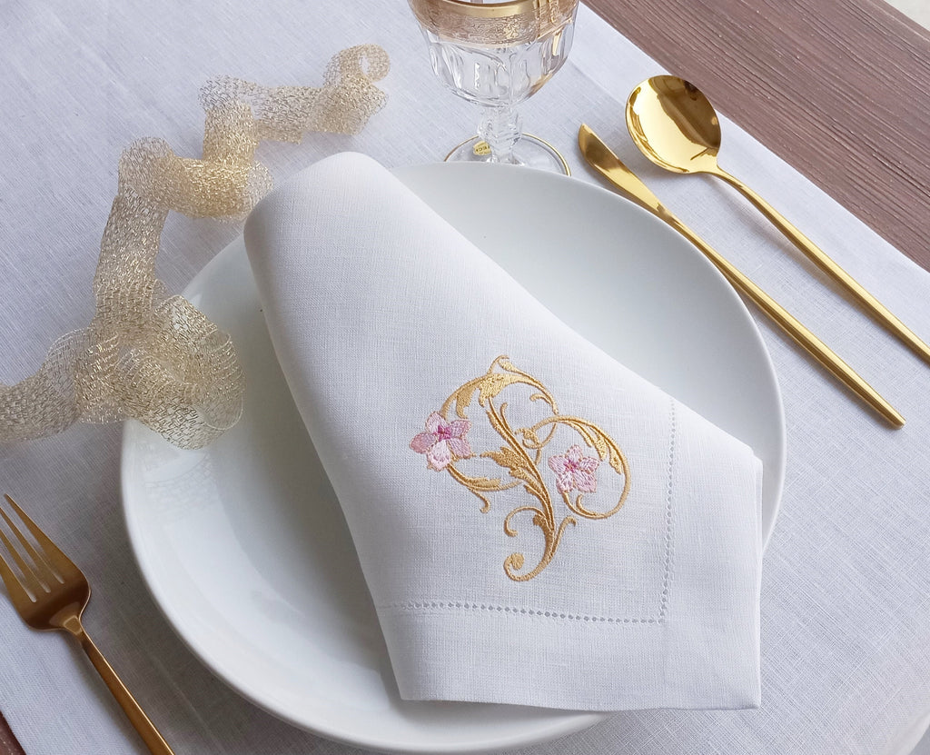 Gold Monogrammed Wedding Napkin, Embroidered Linen Napkin, Custom Linen Napkin, Hemstitched Linen Napkin, Linen Napkin for Housewarming Gift