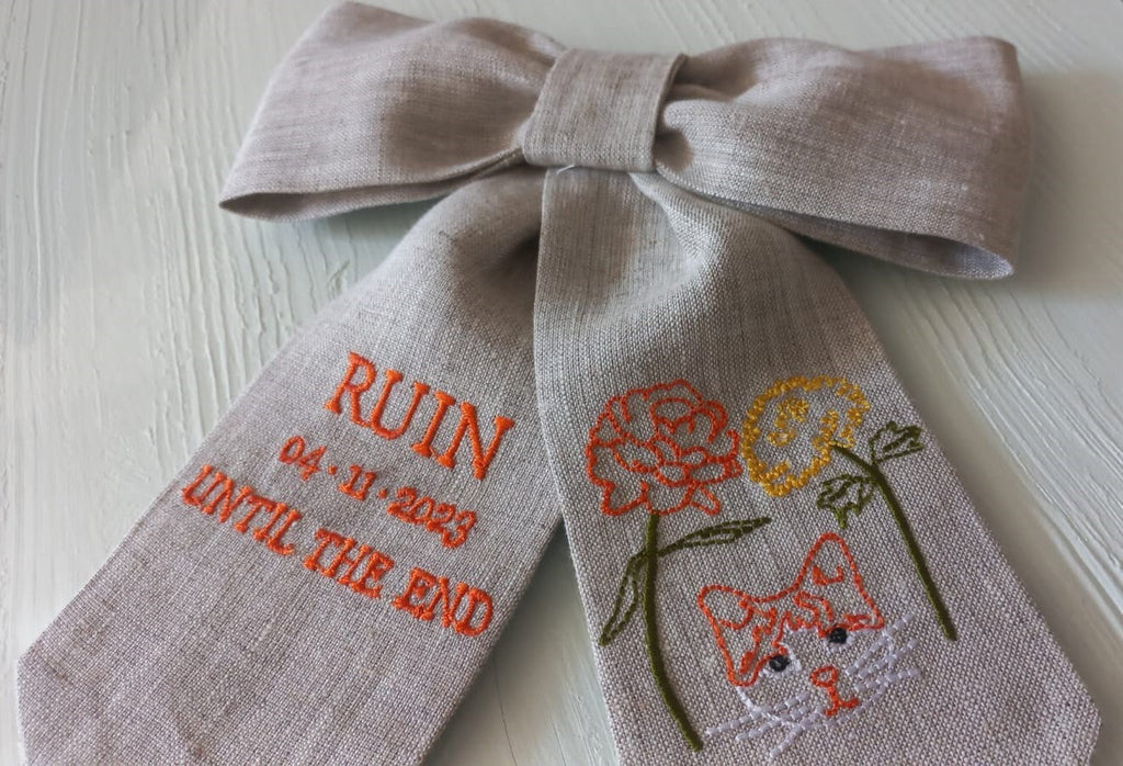 Embroidered Luxury Linen Hair Ribbon, Embroidered Linen Hair Ribbon for Weddign Gift, Custom Embroidered Hair Ribbon for Her