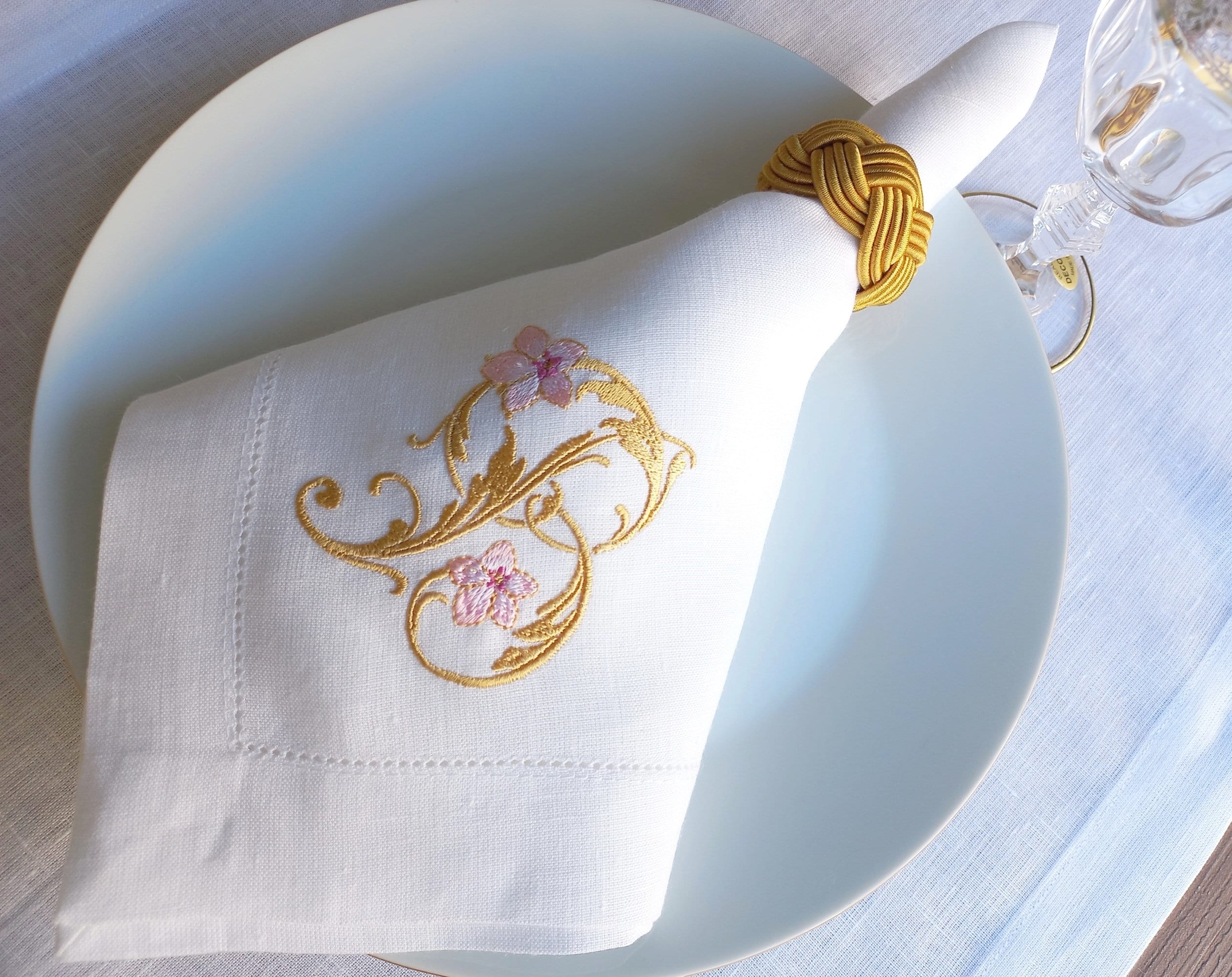 Gold Monogrammed Wedding Napkin, Embroidered Linen Napkin, Custom Linen Napkin, Hemstitched Linen Napkin, Linen Napkin for Housewarming Gift