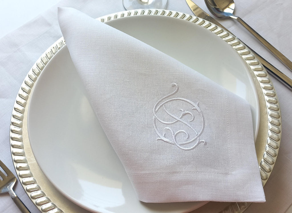 Linen Wedding Napkin Interlock Monogrammed, Double Letter Monogrammed Linen Napkin, Custom Logo Patterned Hemstitched Linen Napkin