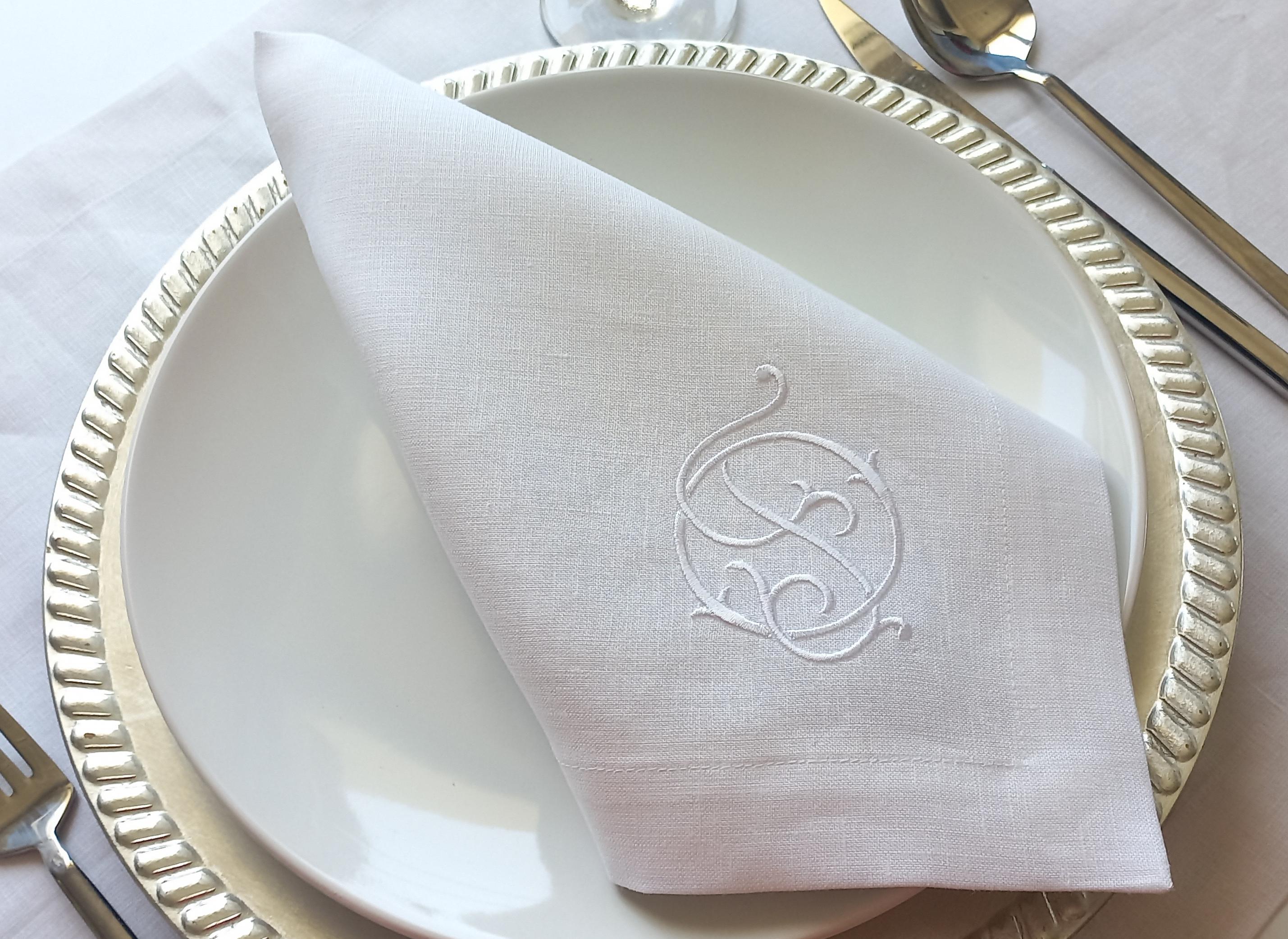 Linen Wedding Napkin Interlock Monogrammed, Double Letter Monogrammed Linen Napkin, Custom Logo Patterned Hemstitched Linen Napkin
