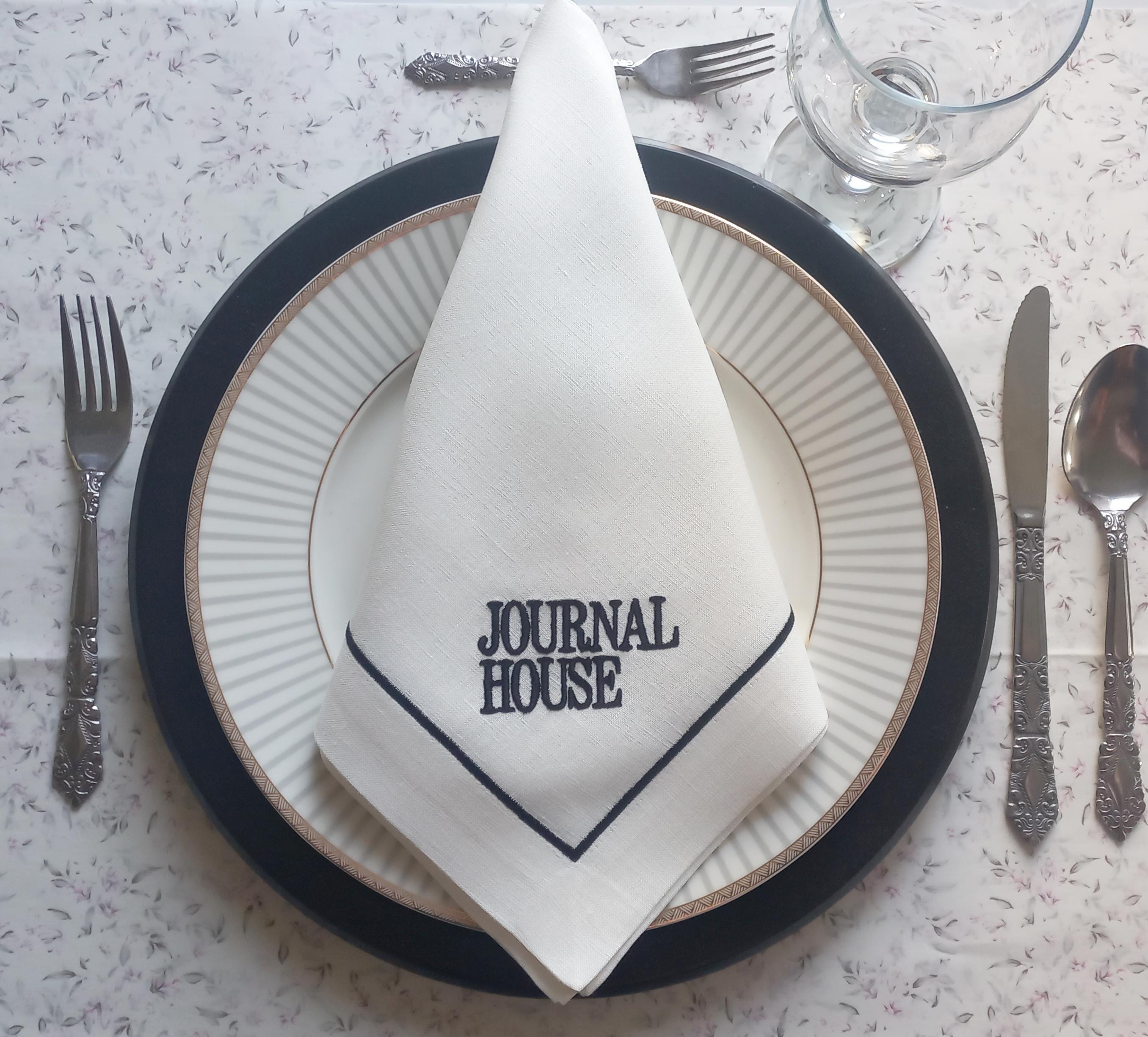 Company Logo Embroidered Luxury Linen Napkin, Custom Logo Embroidered Linen Napkin, Company Emblem Embroidered Napkin for Company Dinner