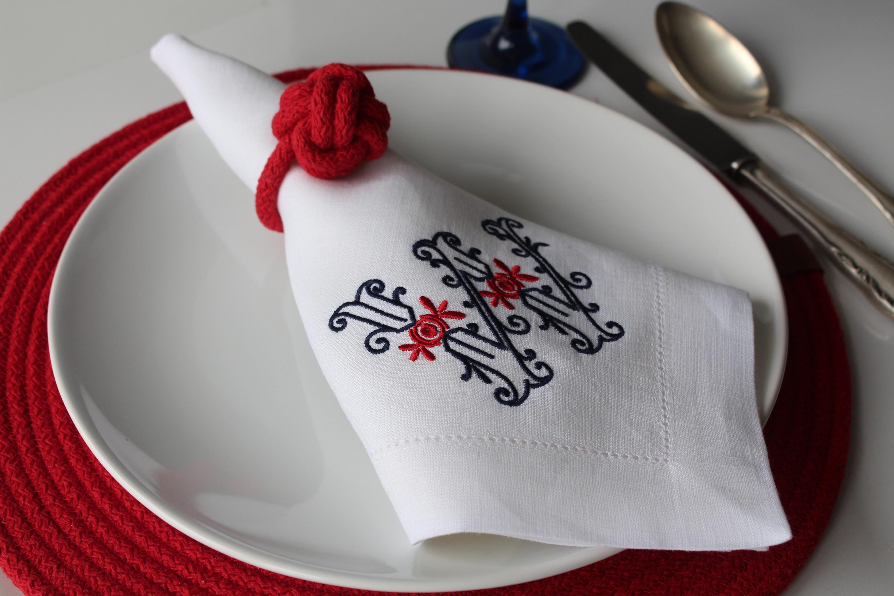 Embroidered Linen Napkin for Yatch, Marina Trend Logo Embroidered Linen Napkin, Personalized Linen Napkin, Red Navy Hemstitched Linen Napkin