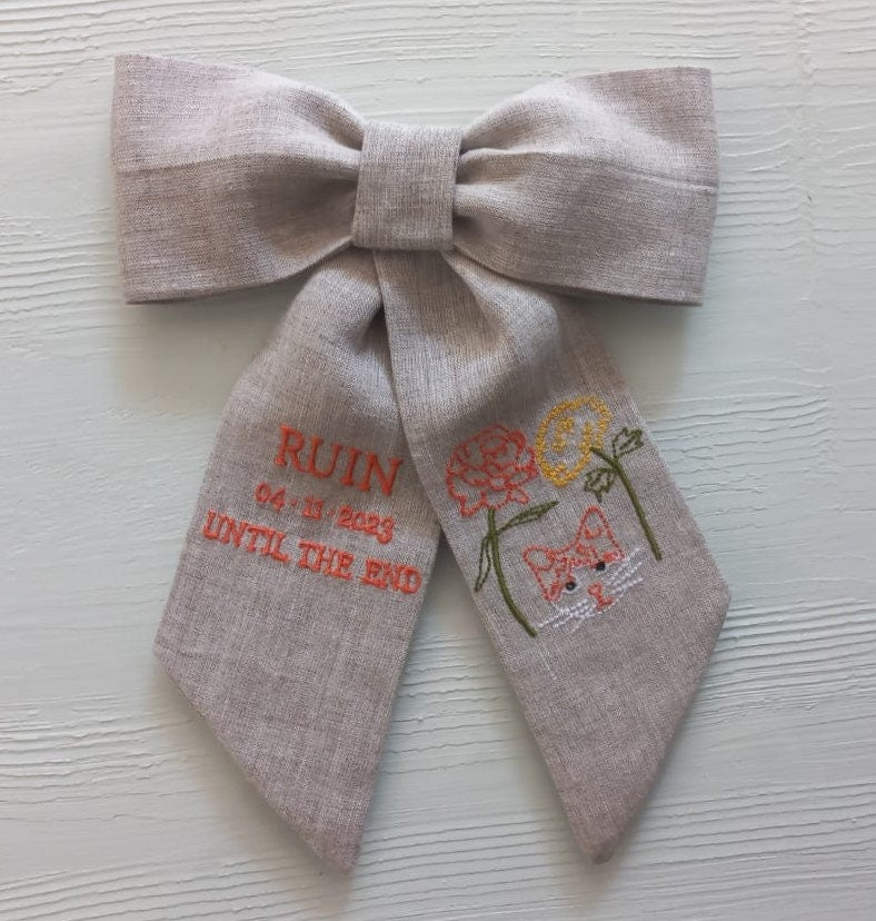 Embroidered Luxury Linen Hair Ribbon, Embroidered Linen Hair Ribbon for Weddign Gift, Custom Embroidered Hair Ribbon for Her