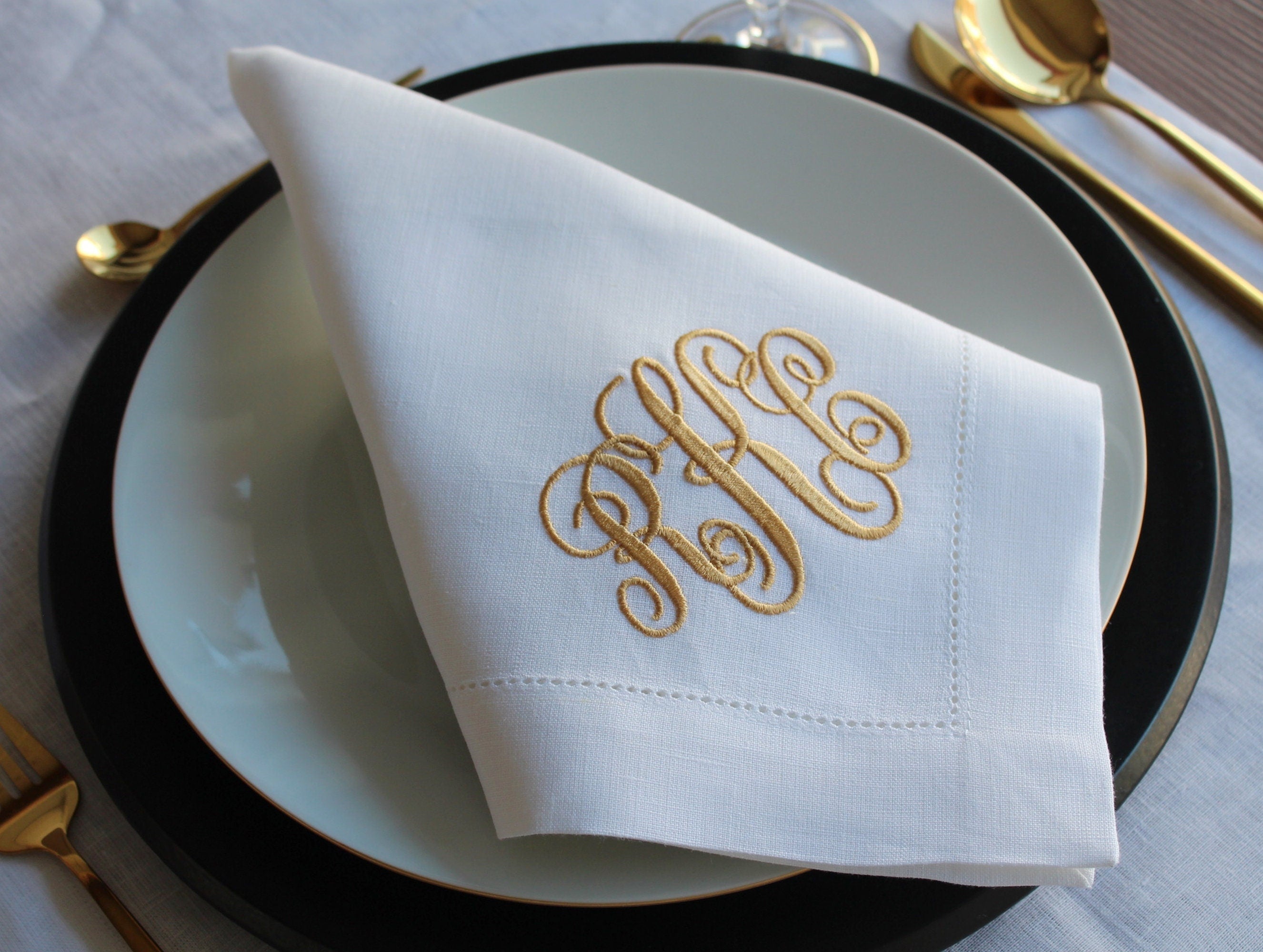 Three Letter Monogrammed Wedding Napkin, Custom Linen Napkin, Personalized Hemstitched Linen Napkin, Custom Napkin for Housewarming Gift