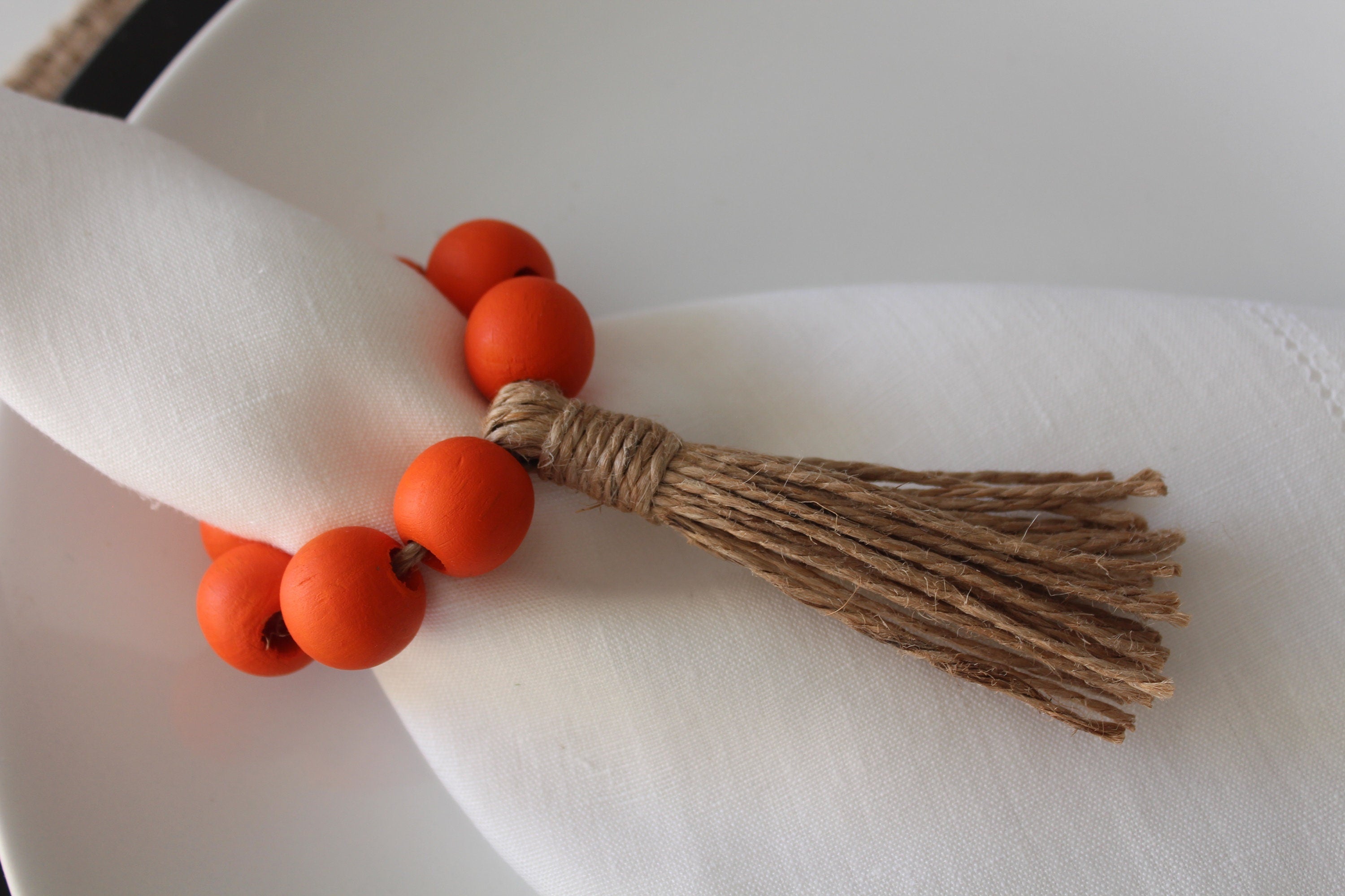 Orange Wooden Bead Napkin Ring, Halloween Decor, Jute Fringed Bead Napkin Ring, Boho Wooden Bead Napkin Ring, Kitchen Decor, Wedding Decor