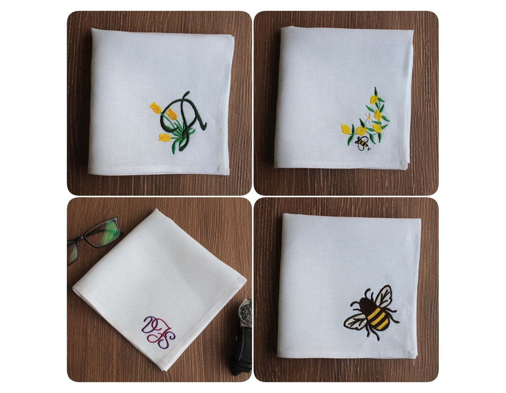 Personal Logo Embroidered Linen Handkies, Custom Hanky, Embroidered Luxury Linen Handkercief, Embroidered Linen Handkies for Bridal Shower