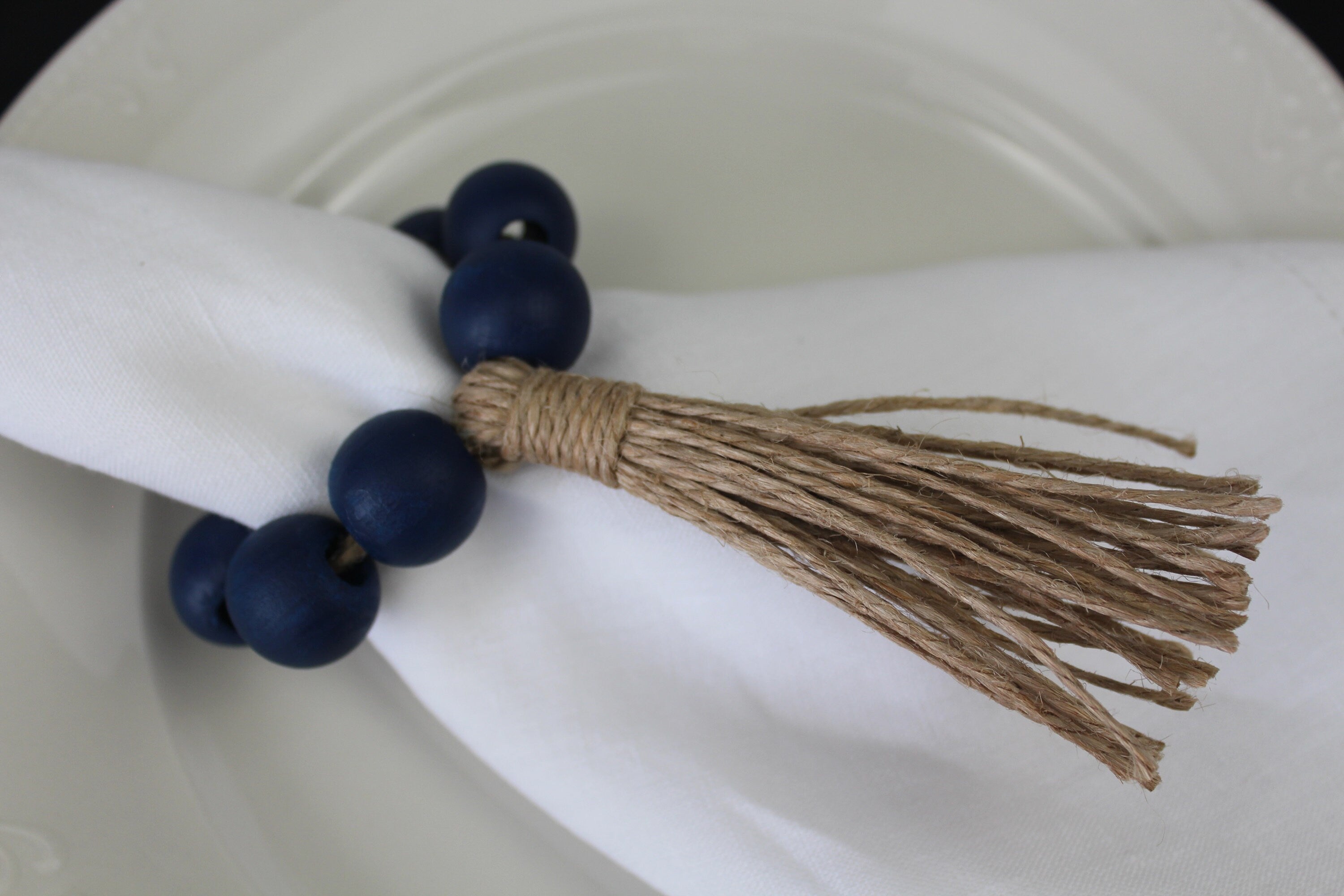 Navy Wooden Bead Napkin Ring, Dark Blue Wooden Napkin Ring, Jute Fringed Wooden Bead Napkin Ring, Boho Wooden Napkin Ring, Kitchen Decor