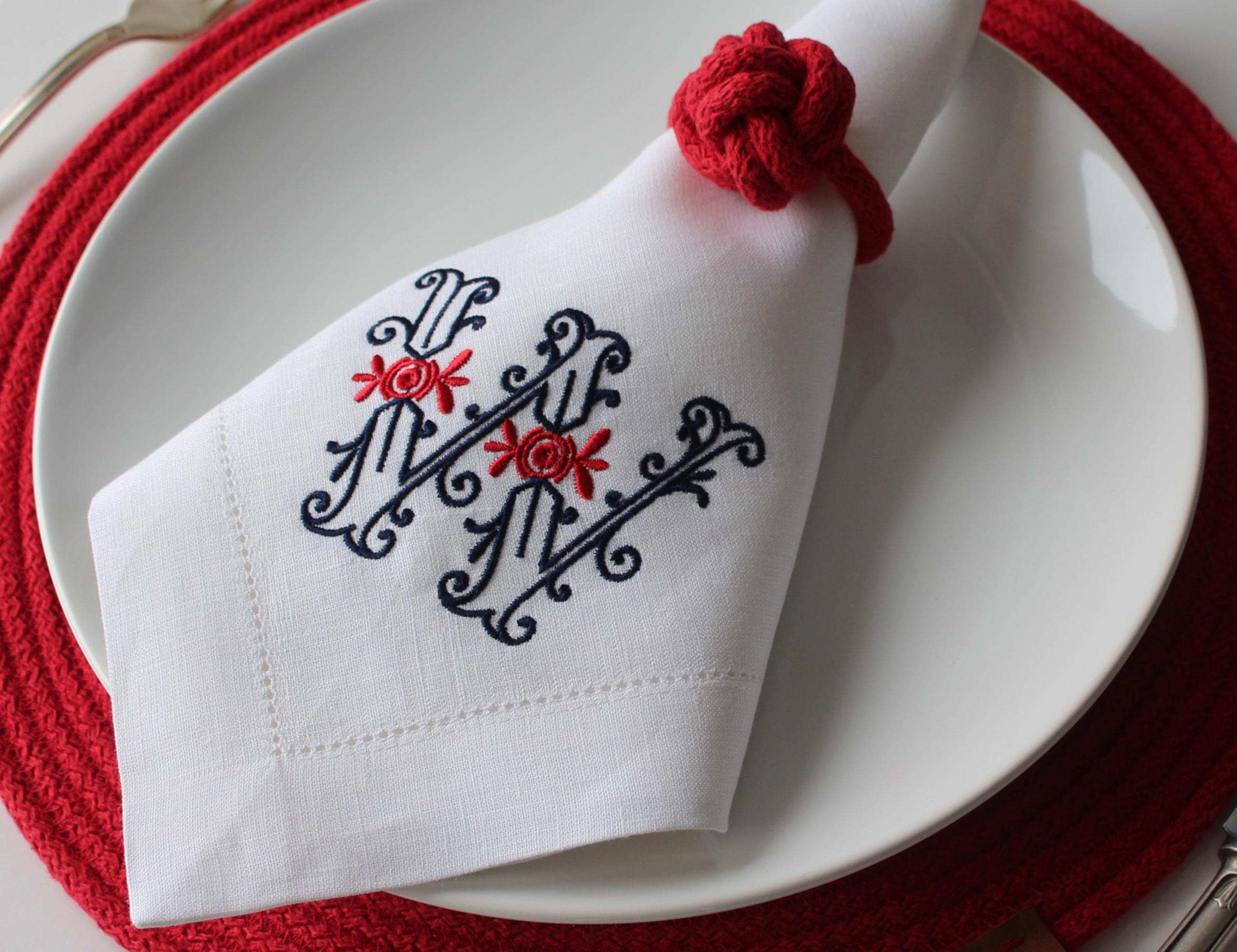 Embroidered Linen Napkin for Yatch, Marina Trend Logo Embroidered Linen Napkin, Personalized Linen Napkin, Red Navy Hemstitched Linen Napkin