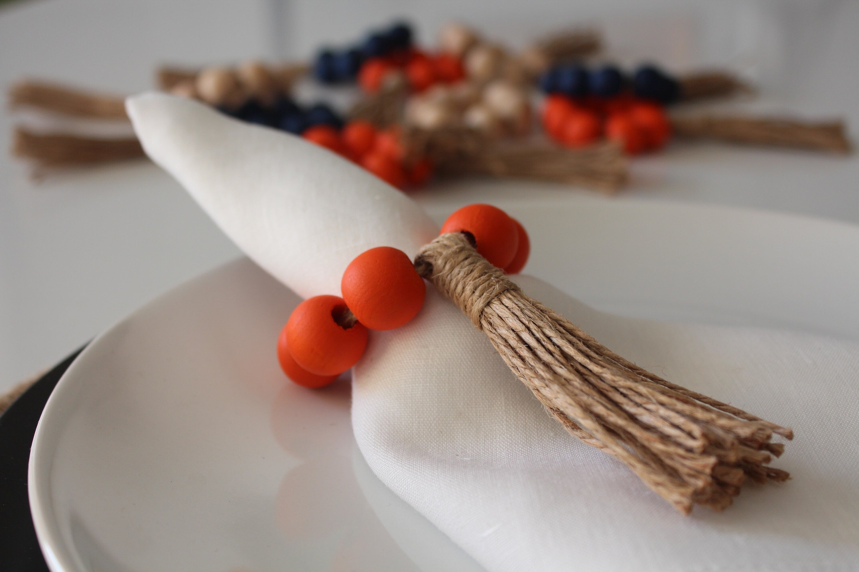 Orange Wooden Bead Napkin Ring, Halloween Decor, Jute Fringed Bead Napkin Ring, Boho Wooden Bead Napkin Ring, Kitchen Decor, Wedding Decor