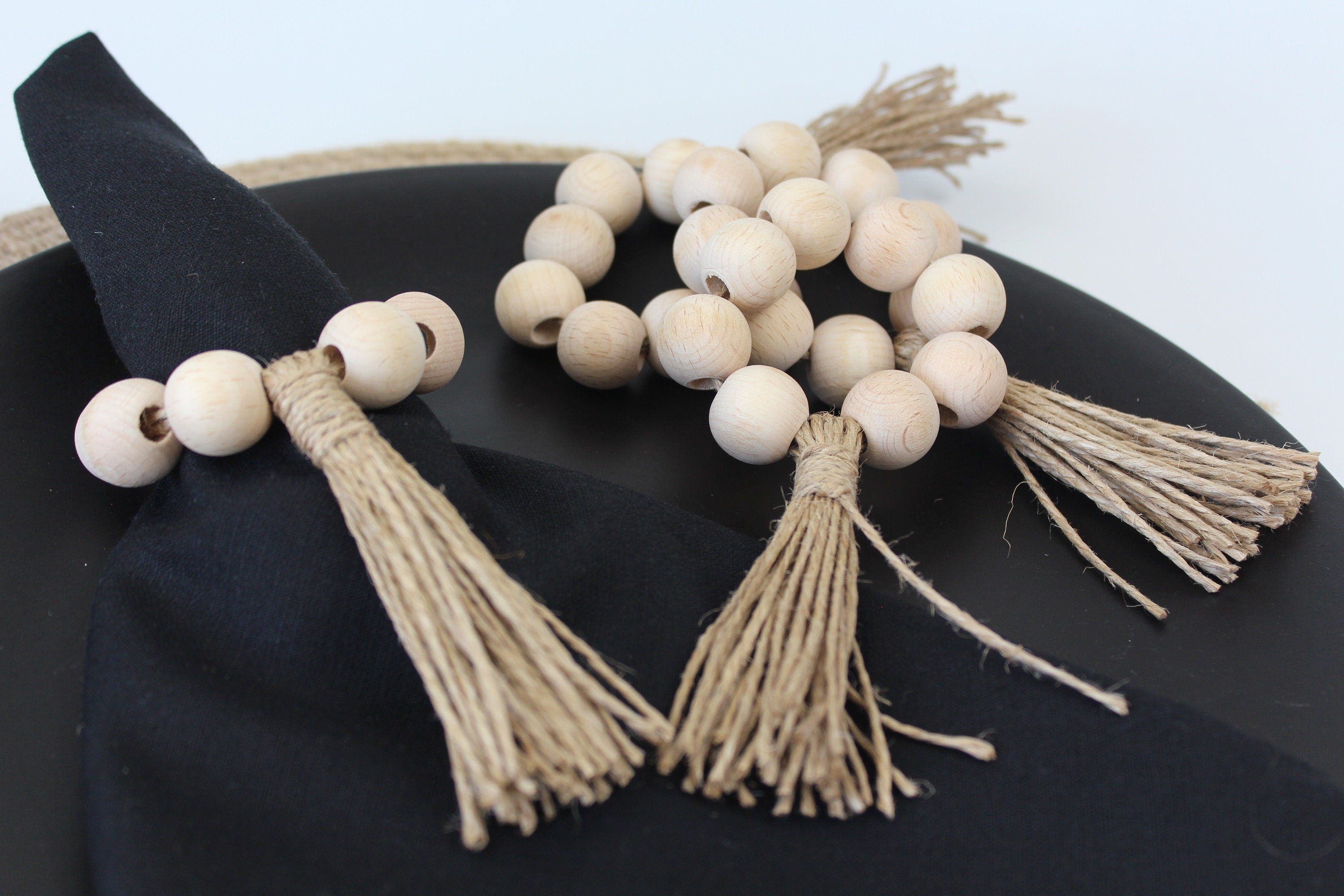 Navy Wooden Bead Napkin Ring, Dark Blue Wooden Napkin Ring, Jute Fringed Wooden Bead Napkin Ring, Boho Wooden Napkin Ring, Kitchen Decor