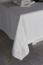 Ekstra Large Linen Tablecloth, Logo Embroidered Linen Table Cloth, Wedding Table Decor, Embroidered Tablecloth, Perfect Mitered Tablecloth