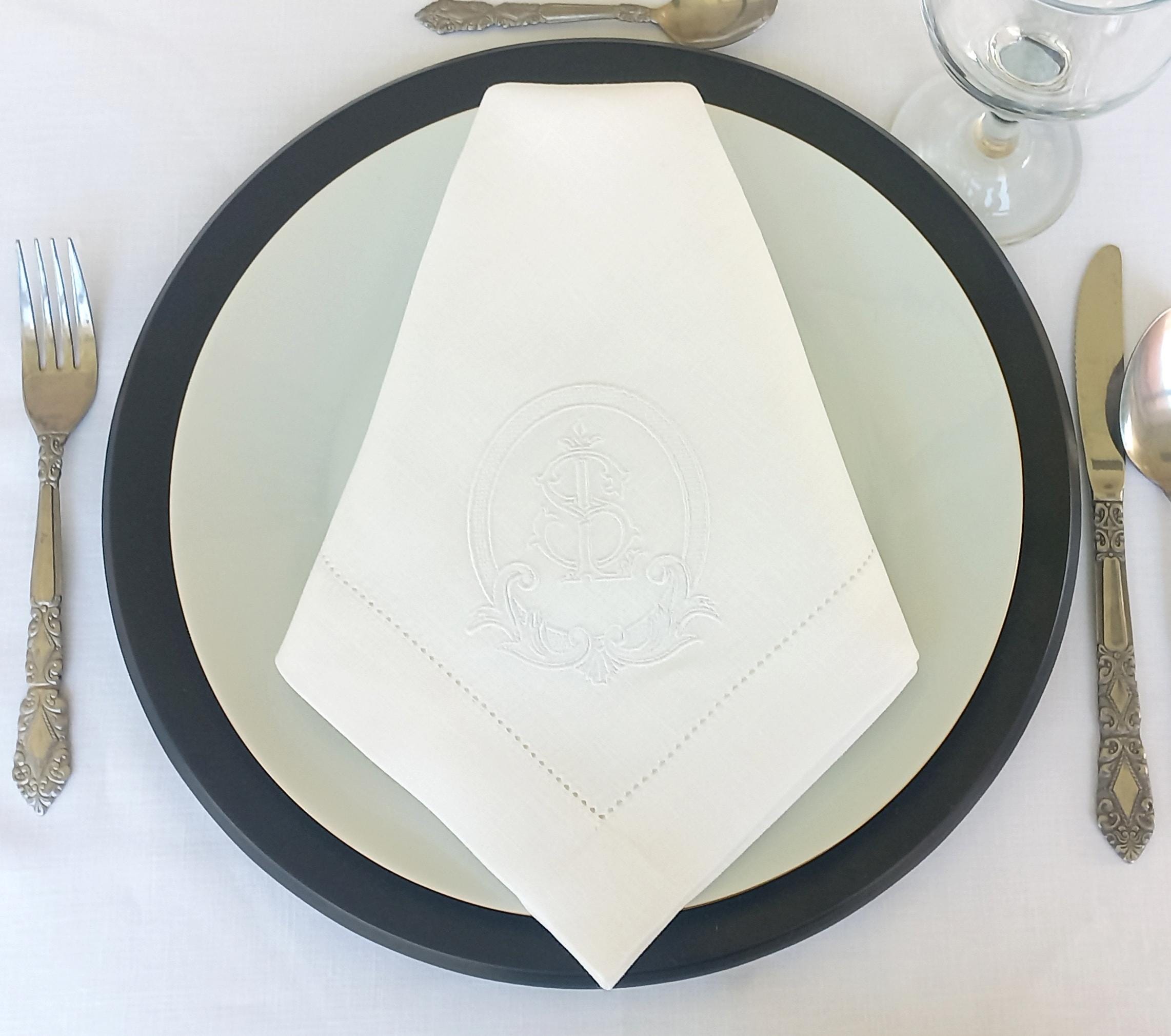 Vintage Wedding Monogrammed Linen Napkin, Double Letter Monogrammed Linen Napkin, Interlocked Logo Patterned Hemstitched Linen Napkin