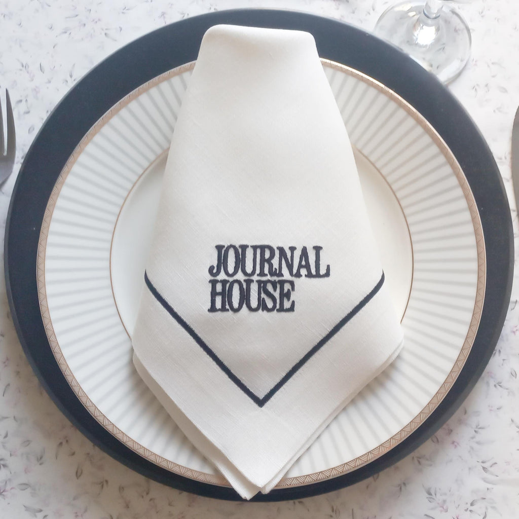 Company Logo Embroidered Luxury Linen Napkin, Custom Logo Embroidered Linen Napkin, Company Emblem Embroidered Napkin for Company Dinner