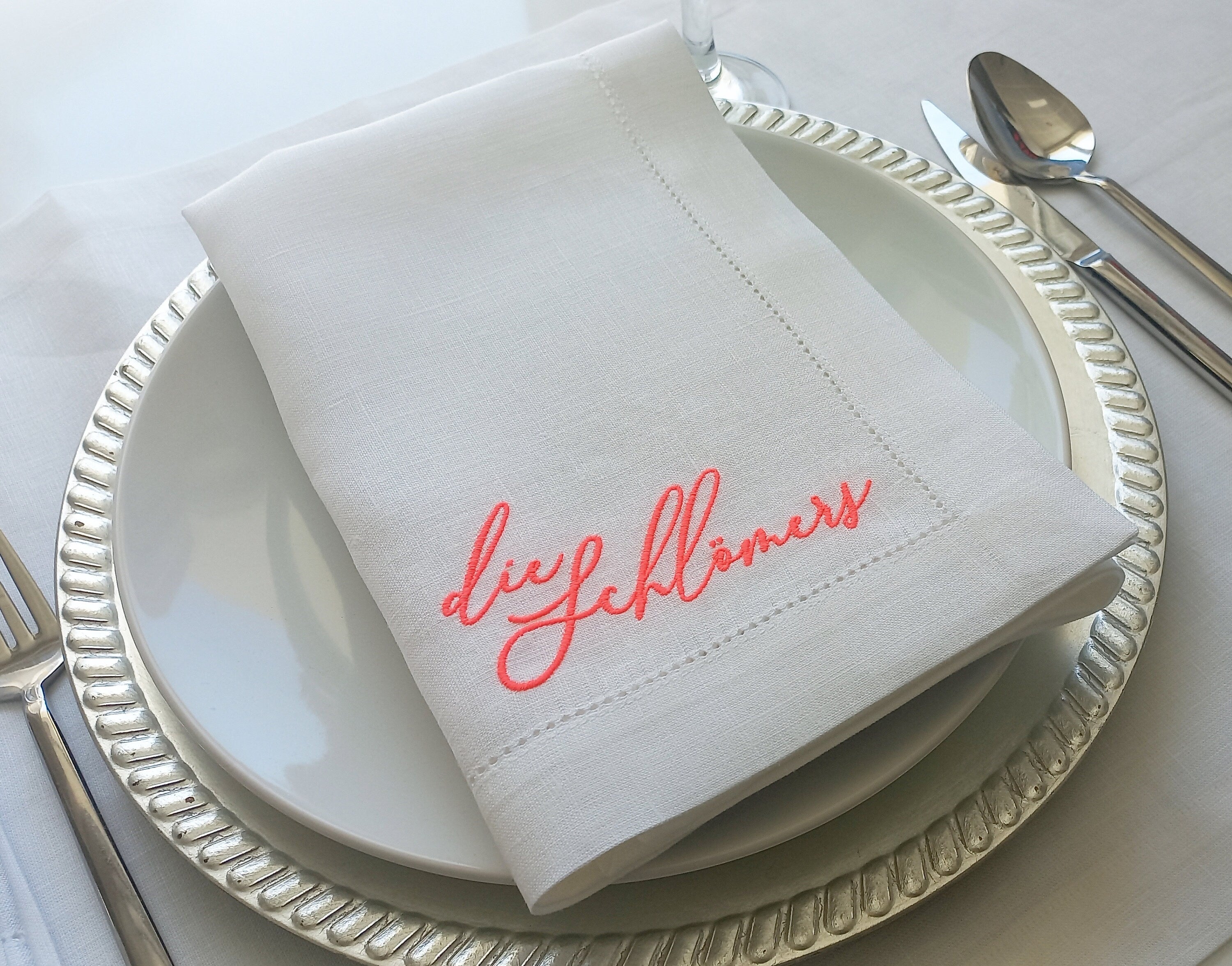 Neon Monogrammed Linen Napkin, Neon Embroidered Wedding Napkin, Luxury Neon Lettered Wedding Gift, Custom Neon Name Embroidered Linen Napkin