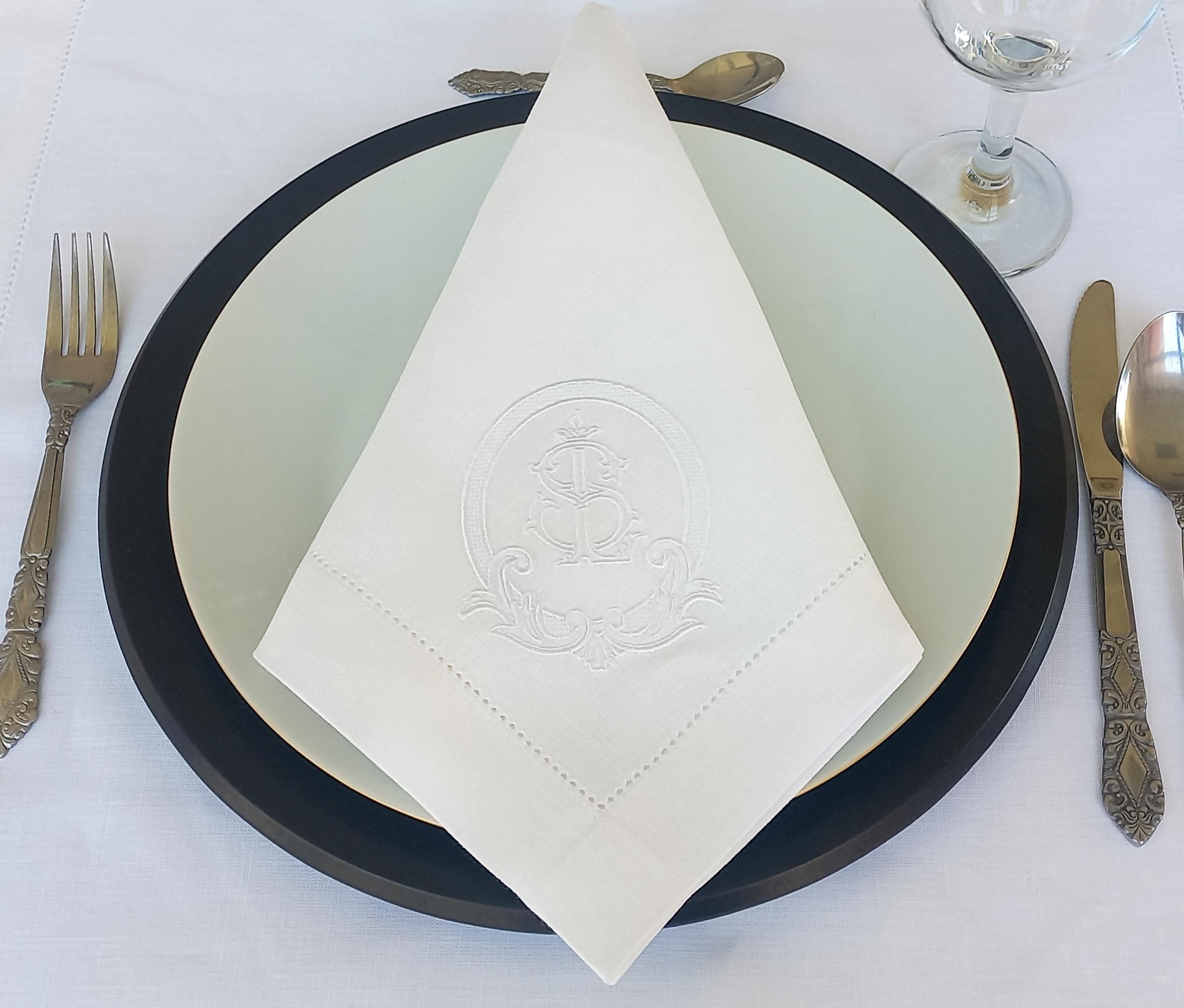 Vintage Wedding Monogrammed Linen Napkin, Double Letter Monogrammed Linen Napkin, Interlocked Logo Patterned Hemstitched Linen Napkin