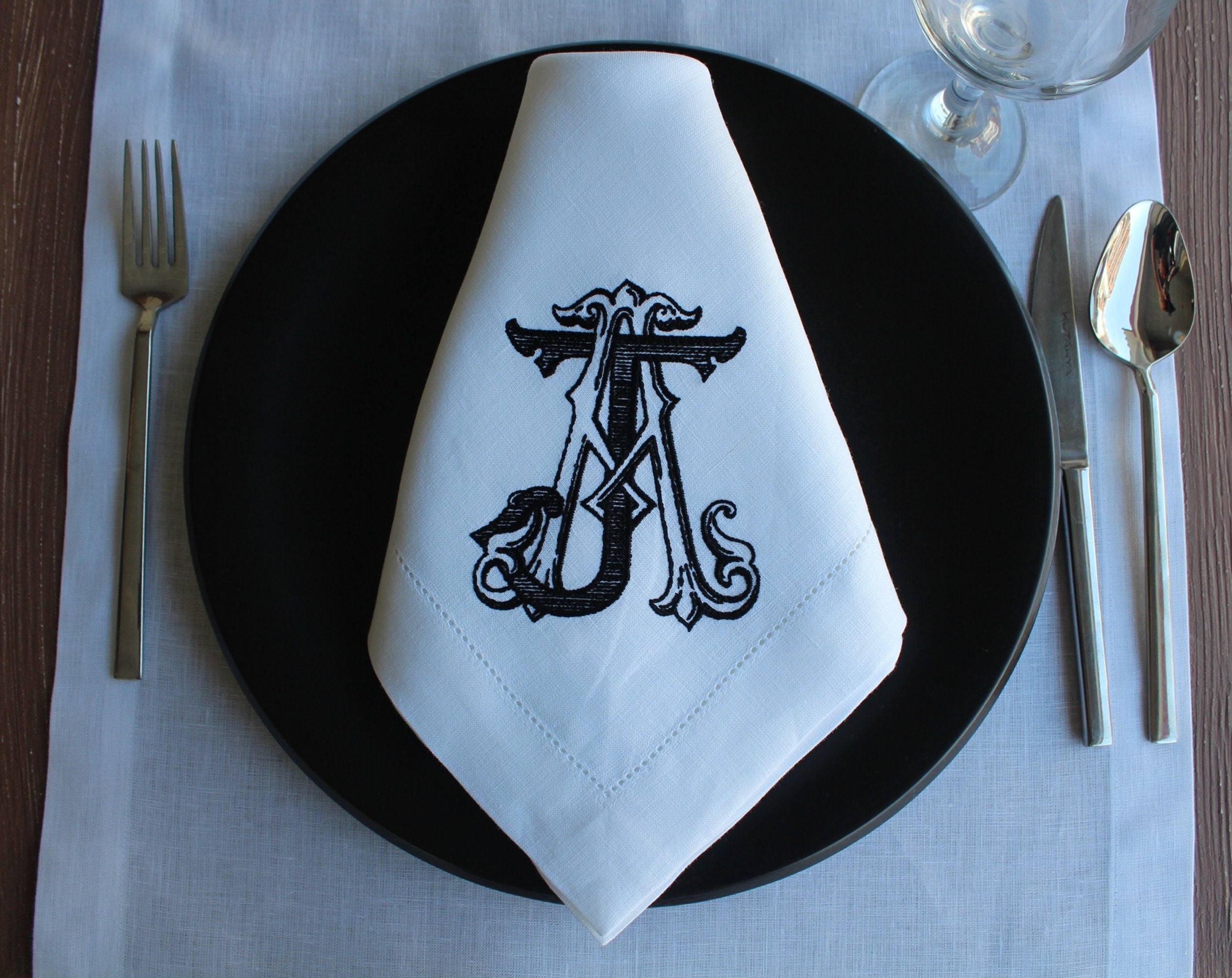 Interlocked Monogrammed Linen Napkin, Double Lettered Linen Wedding Napkin, Custom Linen Napkin, 6 to 24 inches Hemstitched Linen Napkin