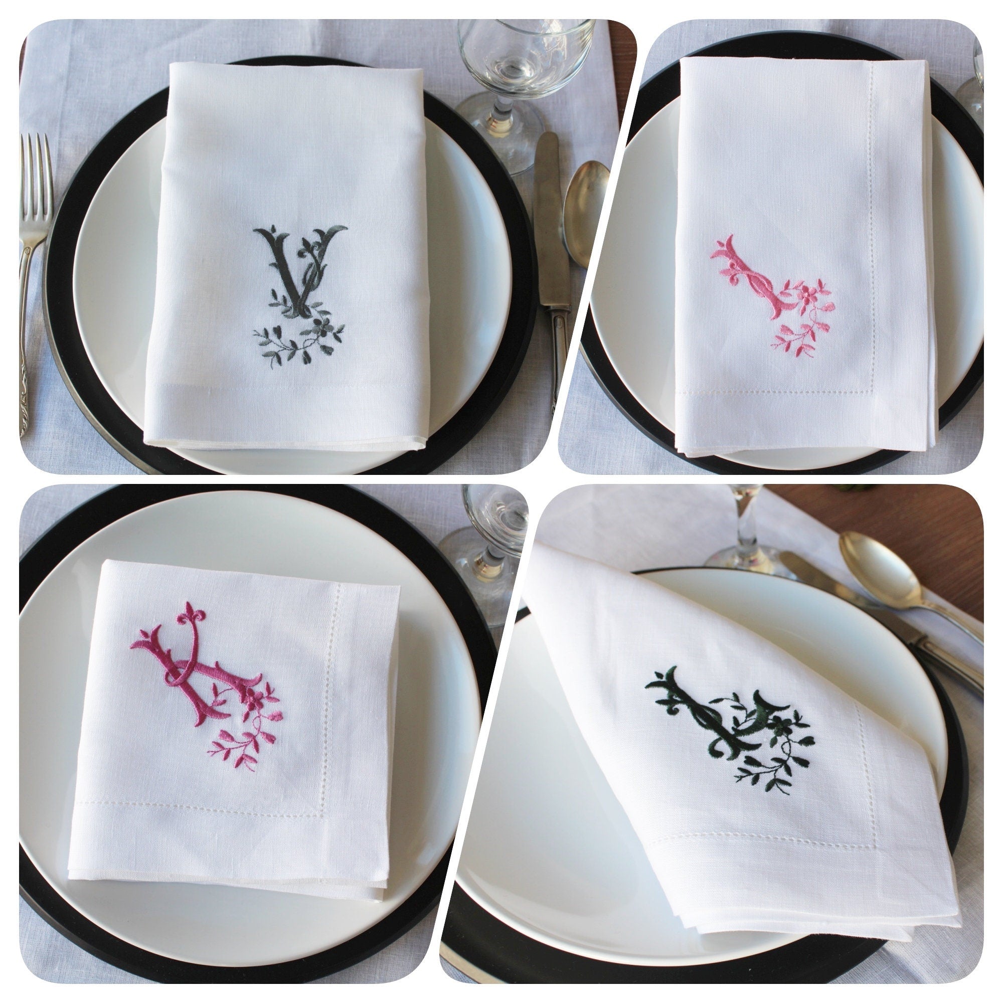 White Monogrammed Wedding Napkin, Custom Linen Napkin, Personalized Linen Napkin, Hemstitched Linen Napkin, Custom Napkin Housewarming Gift