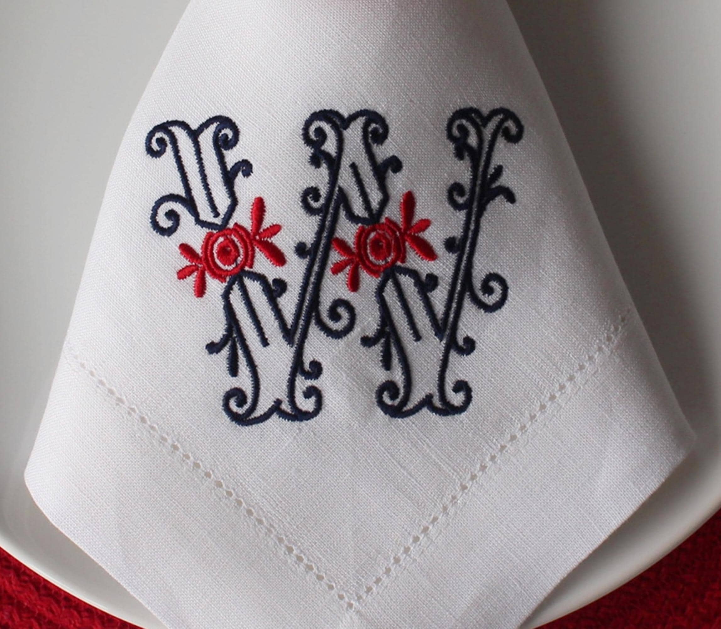 Embroidered Linen Napkin for Yatch, Marina Trend Logo Embroidered Linen Napkin, Personalized Linen Napkin, Red Navy Hemstitched Linen Napkin