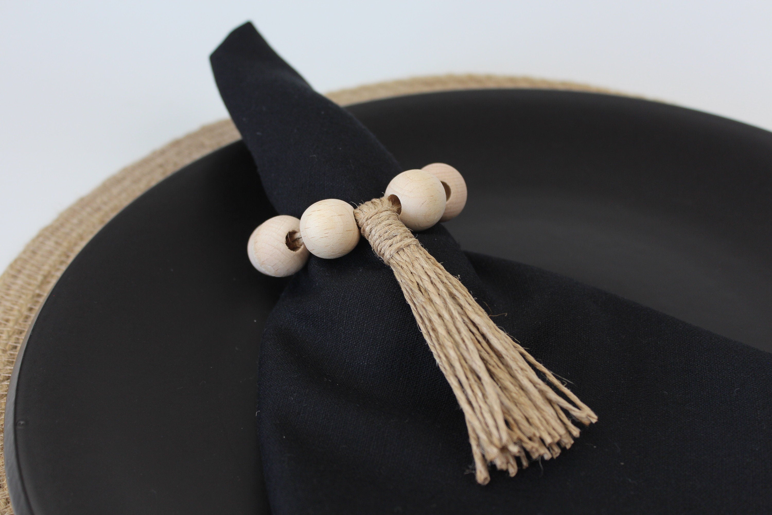 Navy Wooden Bead Napkin Ring, Dark Blue Wooden Napkin Ring, Jute Fringed Wooden Bead Napkin Ring, Boho Wooden Napkin Ring, Kitchen Decor