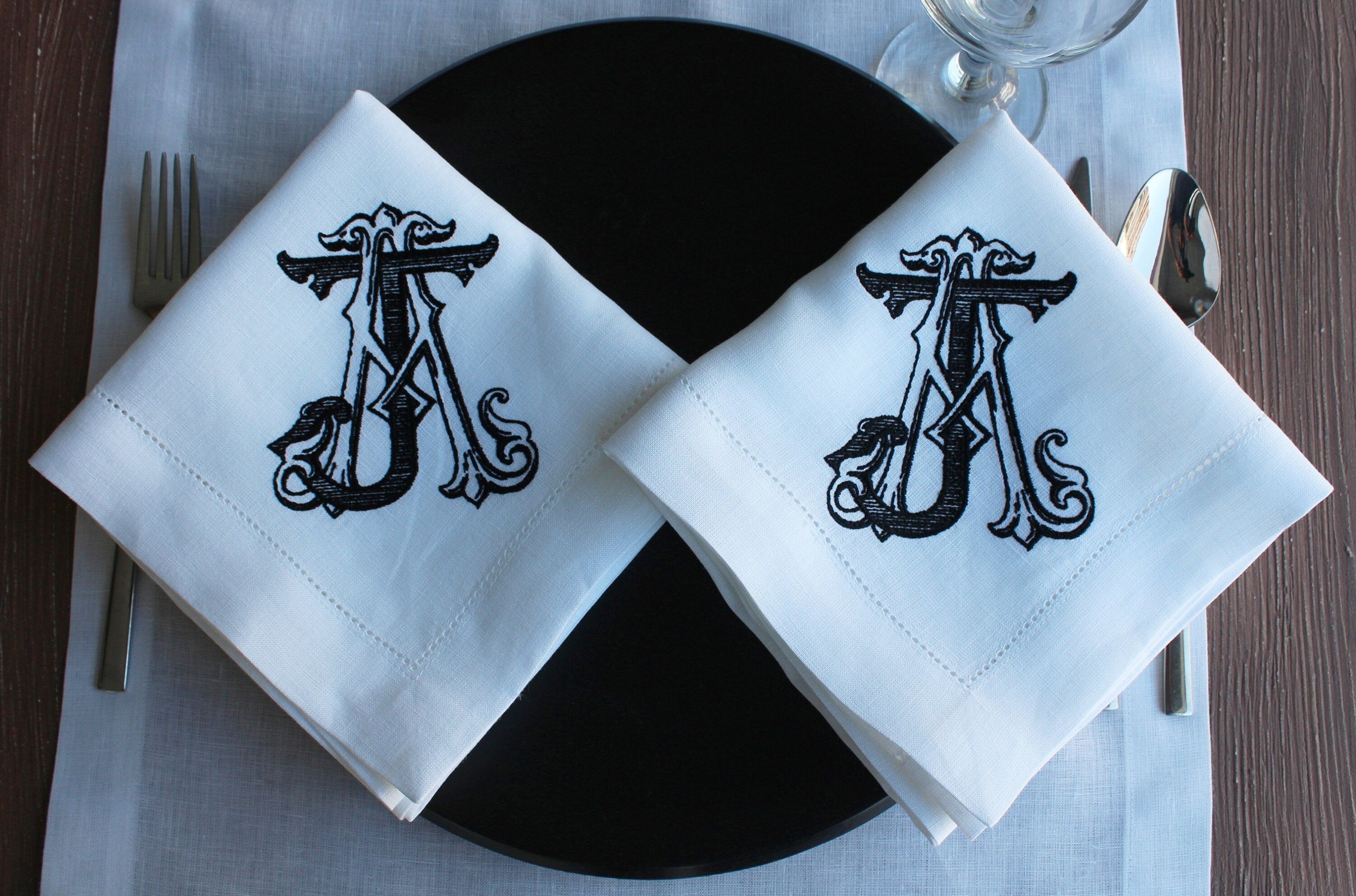 Interlocked Monogrammed Linen Napkin, Double Lettered Linen Wedding Napkin, Custom Linen Napkin, 6 to 24 inches Hemstitched Linen Napkin