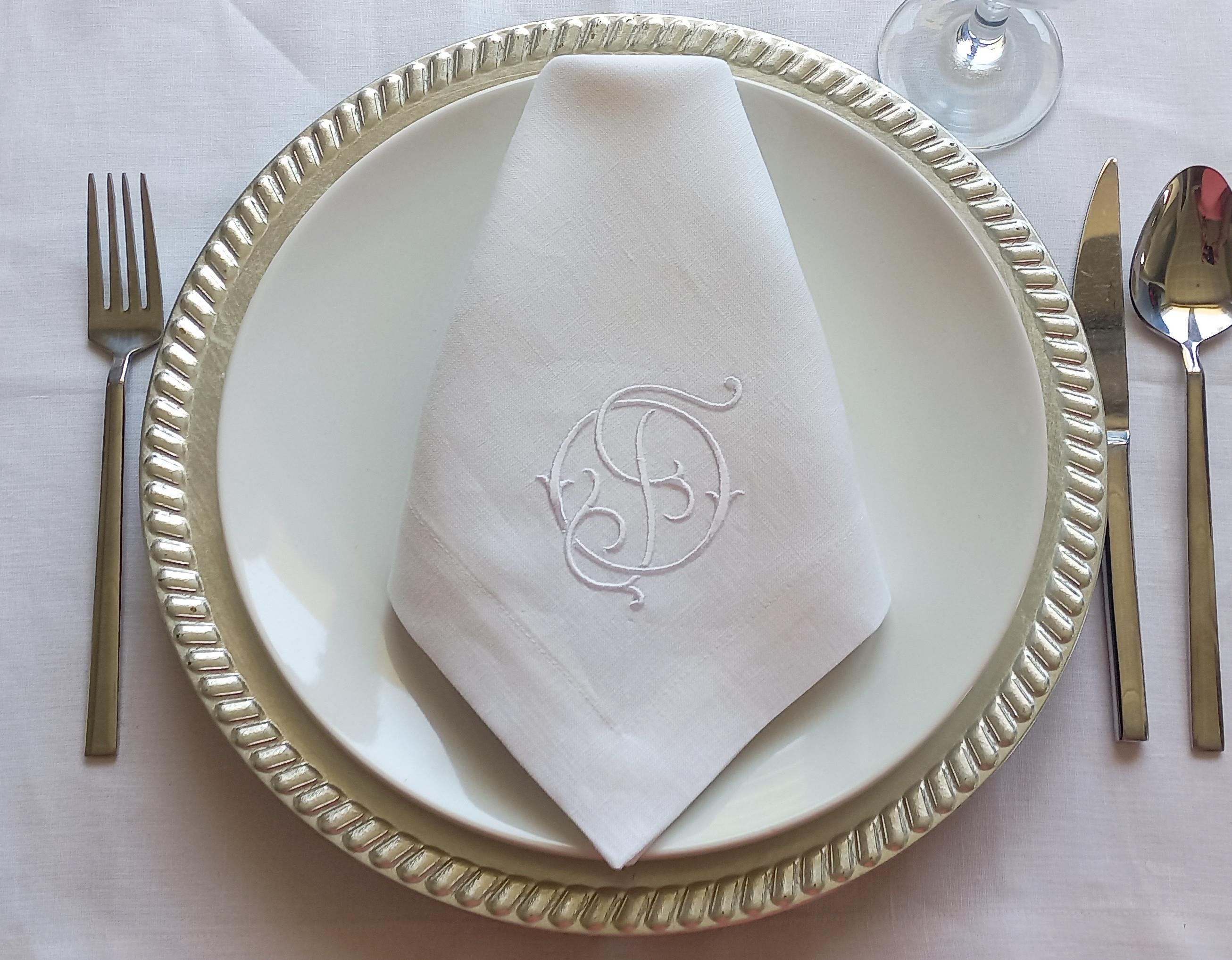Linen Wedding Napkin Interlock Monogrammed, Double Letter Monogrammed Linen Napkin, Custom Logo Patterned Hemstitched Linen Napkin