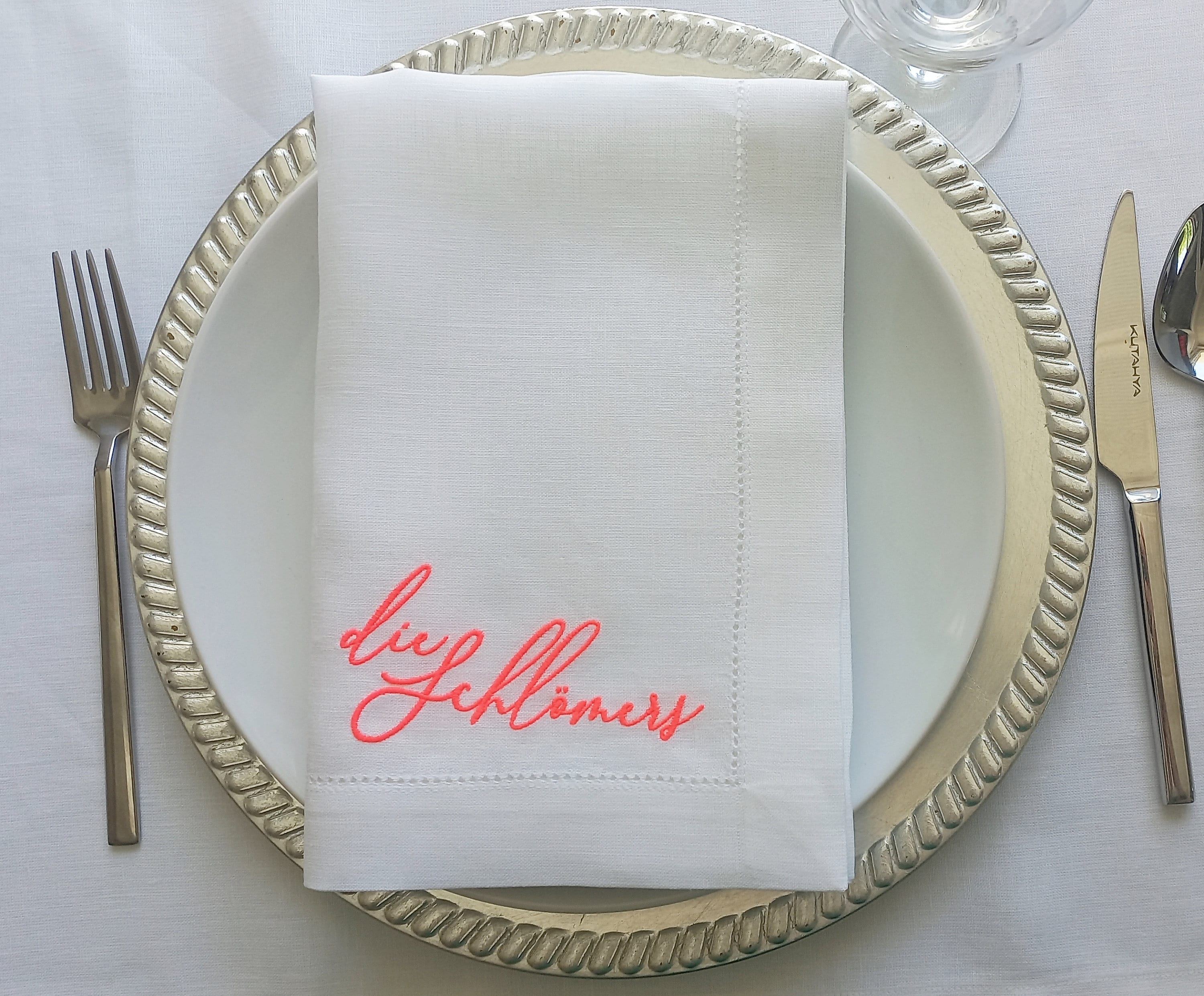 Neon Monogrammed Linen Napkin, Neon Embroidered Wedding Napkin, Luxury Neon Lettered Wedding Gift, Custom Neon Name Embroidered Linen Napkin