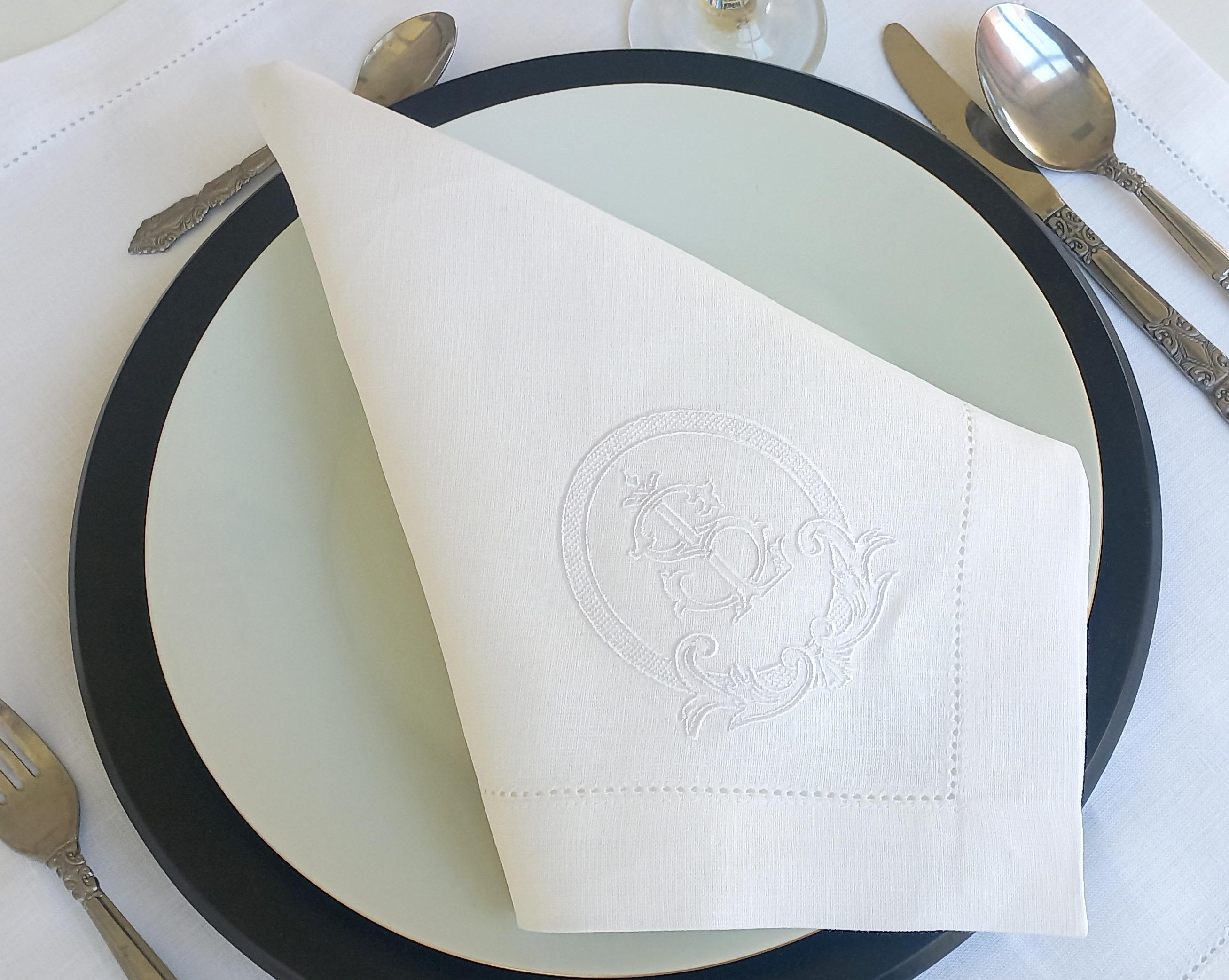 Vintage Wedding Monogrammed Linen Napkin, Double Letter Monogrammed Linen Napkin, Interlocked Logo Patterned Hemstitched Linen Napkin