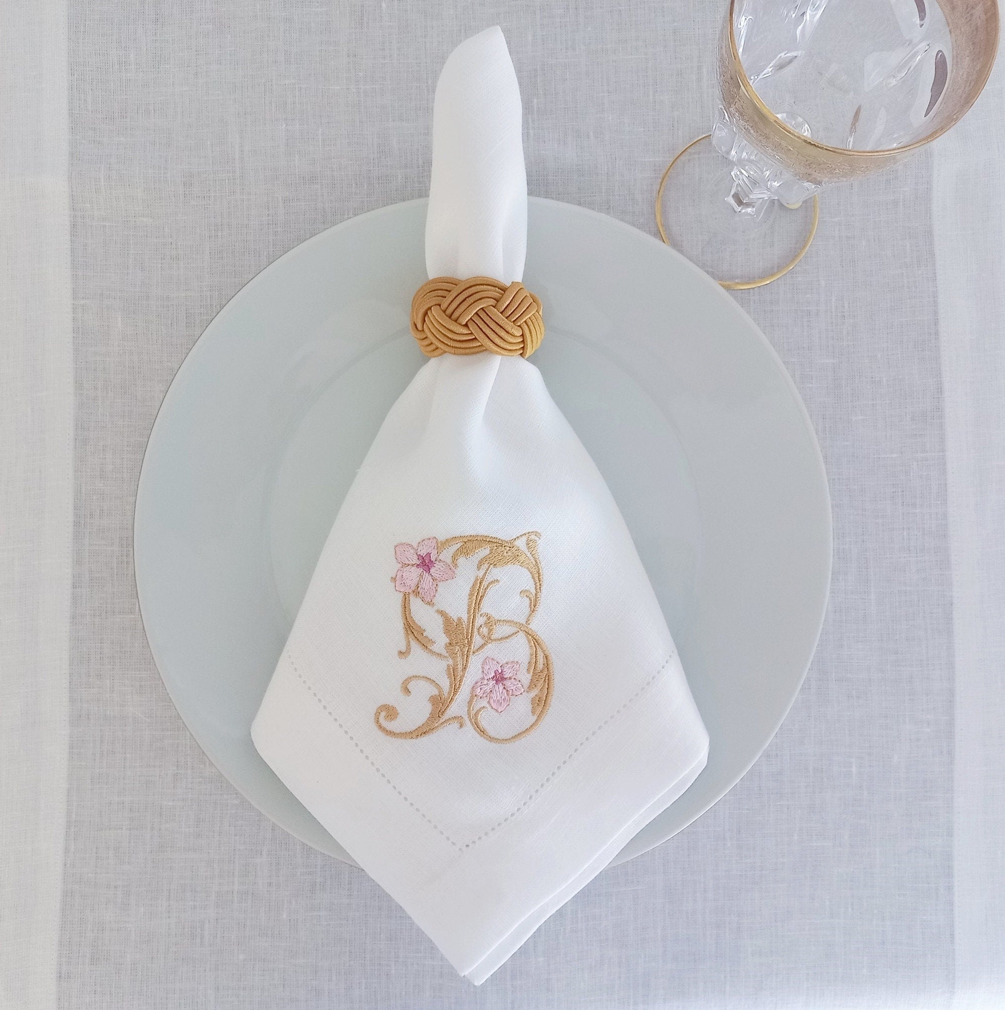 Gold Monogrammed Wedding Napkin, Embroidered Linen Napkin, Custom Linen Napkin, Hemstitched Linen Napkin, Linen Napkin for Housewarming Gift