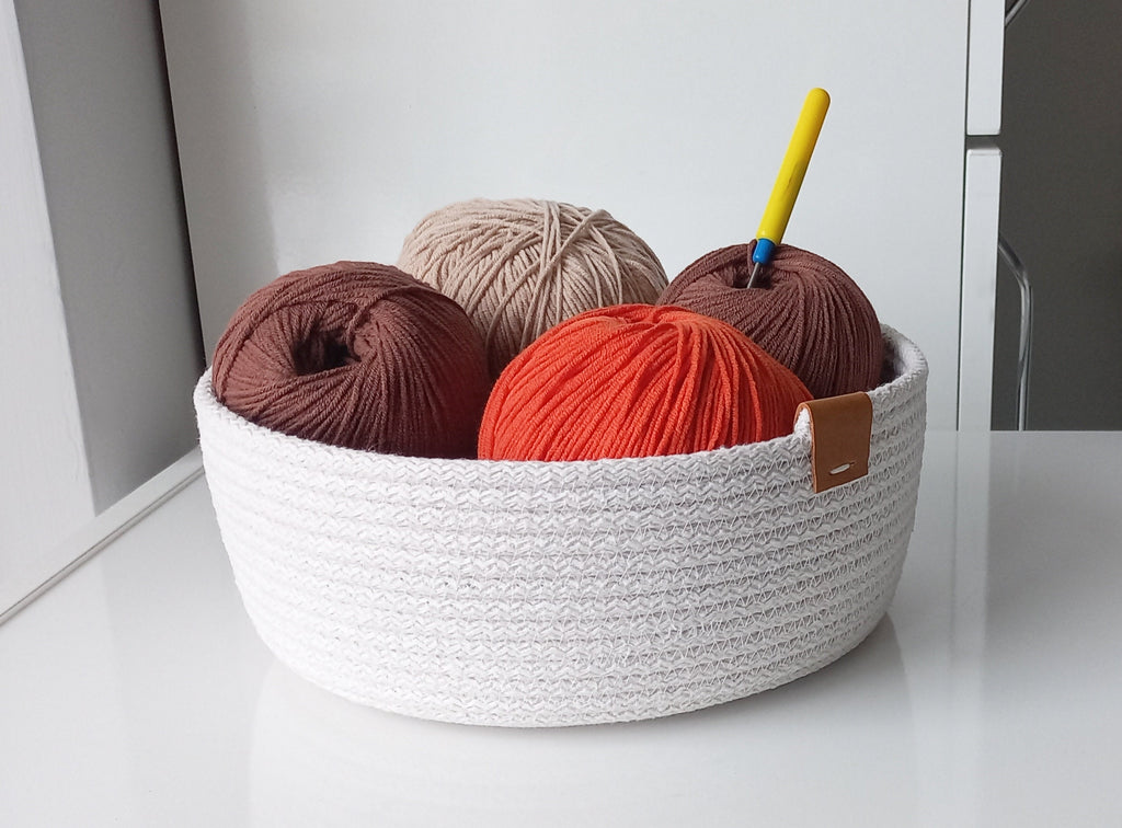 Round Ecru Cotton Rope Basket, Bohemian Housewarming Gift, Handmade Square Storage Basket, Cotton Rope Organizer, Cotton Rope Kitchen Decor