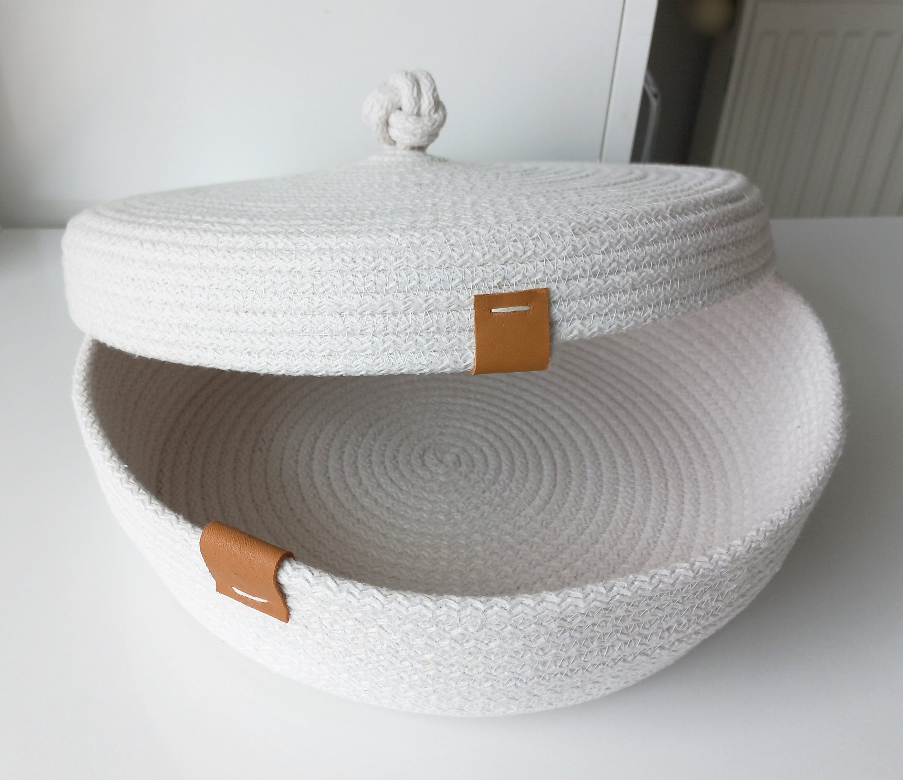 Cotton Rope Storage Basket with Lid, Rope Woven Organizer Basket with Lid, Cotton Rope Organizer Bowl, Cotton Rope Decor, Housewarming Gift