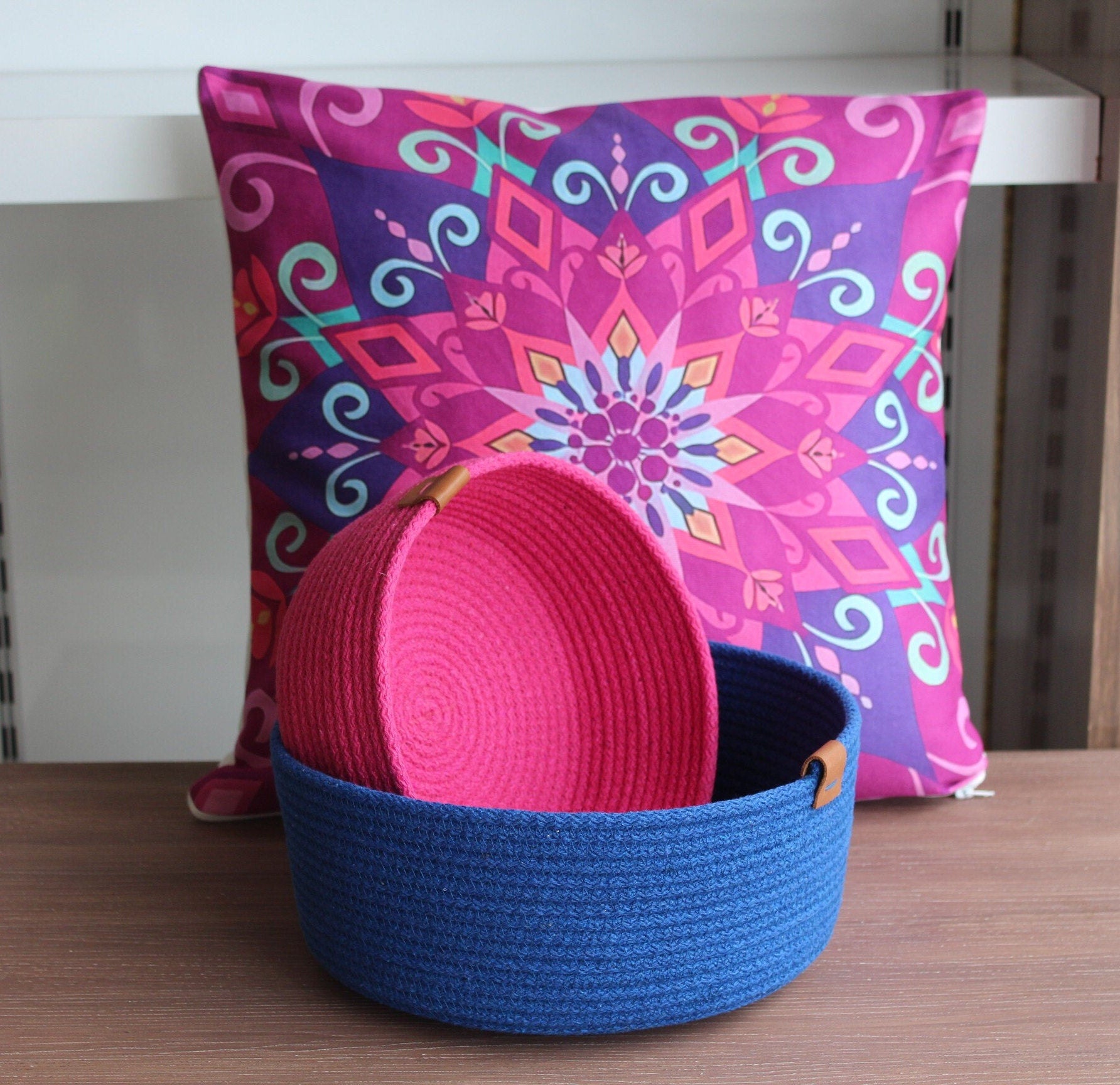 Fuchsia Cotton Rope Organizer, Colorful Woven Home Organizer, Cotton Rope Organizer, Organic Cotton Cord Basket, Housewarming Gift Basket