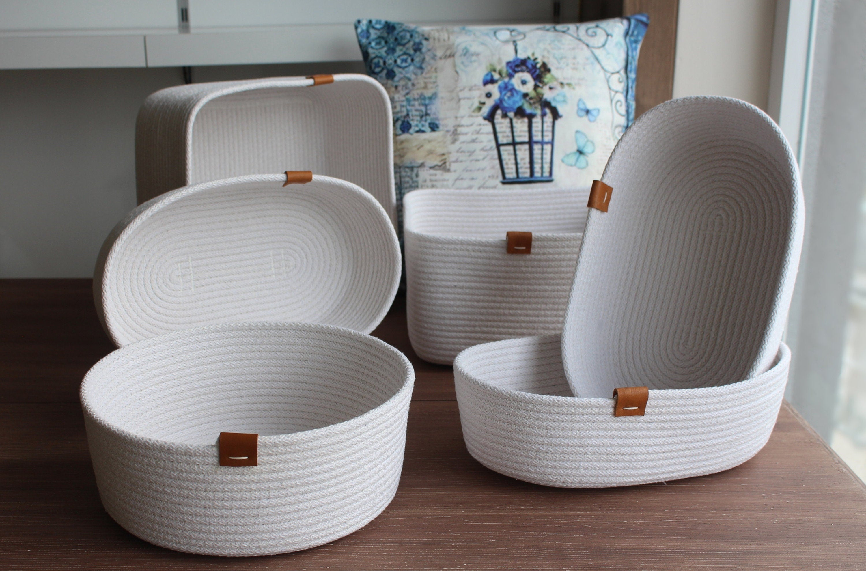 Cream Ecru Cotton Rope Basket, Boho Style Woven Home Organizer, Ecru Cotton Rope Organizer, Cotton Cord Storage Basket, Handmade Cord Basket