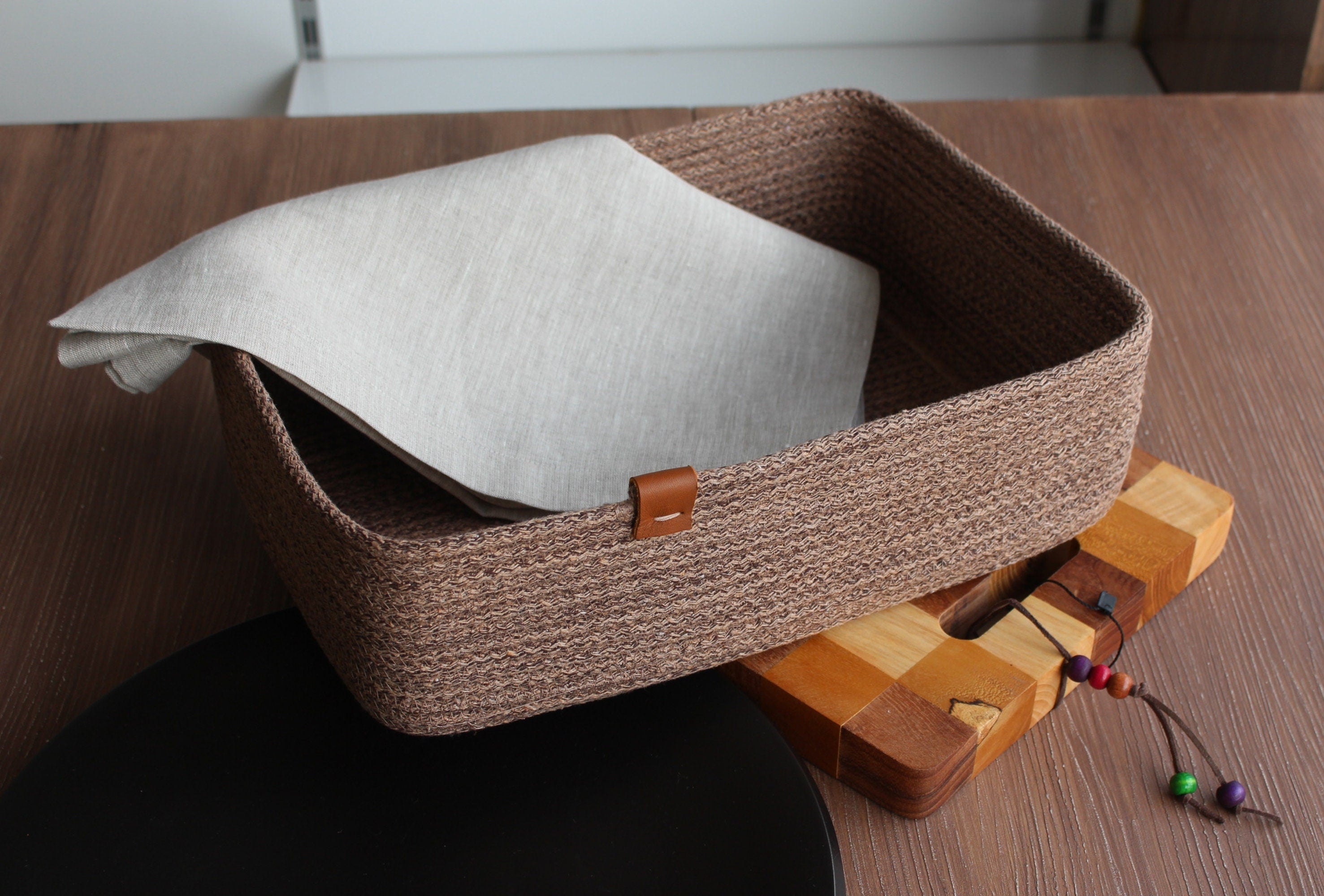 Brown Melange Cotton Rope Basket, Cotton Cord Towel Basket, Handmade Organizer, Organic Cotton Cord Rope Basket, Braided Cotton Rope Basket